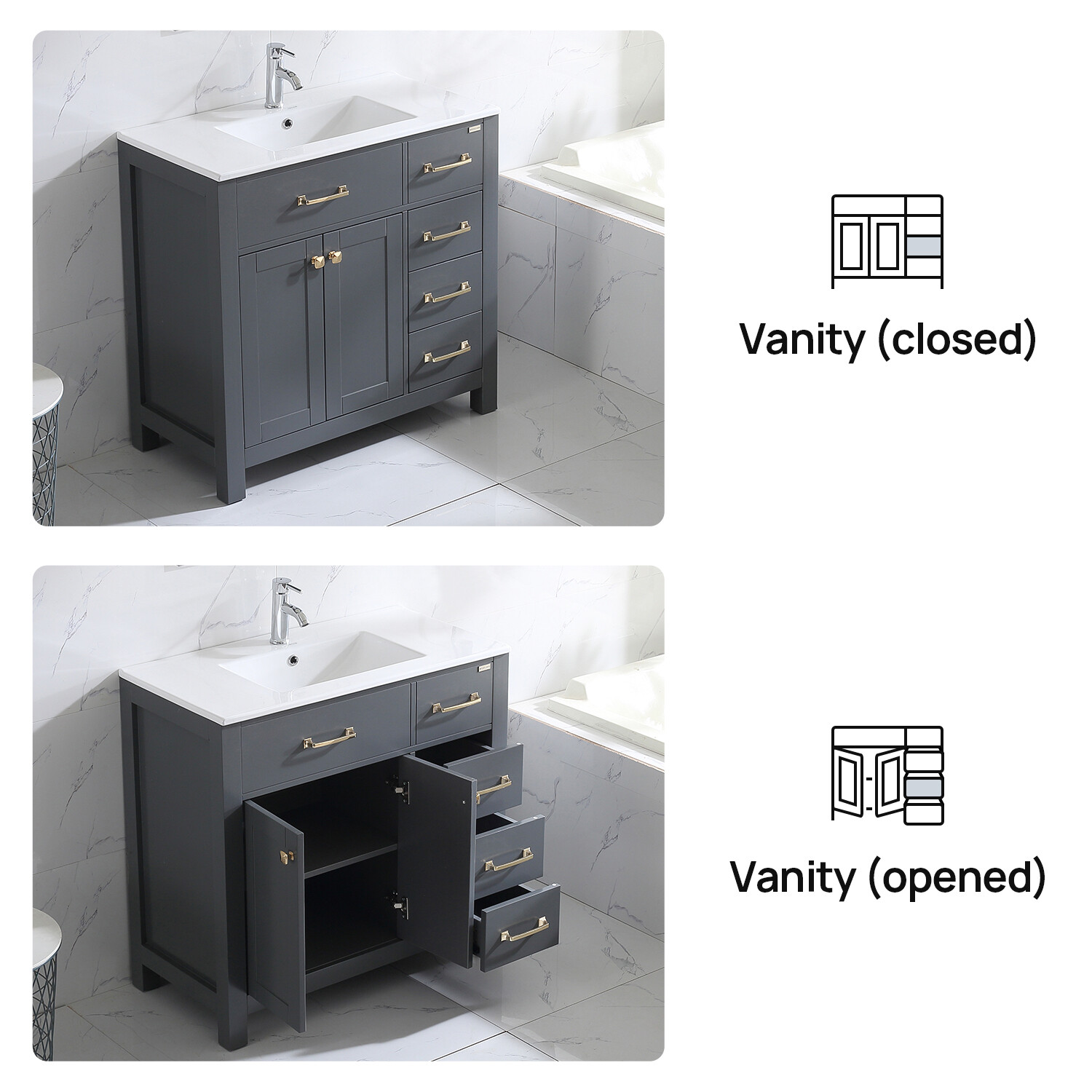 Wonline 36″ Bathroom Vanity Gray Cabinet & Ceramic Vessel Sink Shaker Vanity Set