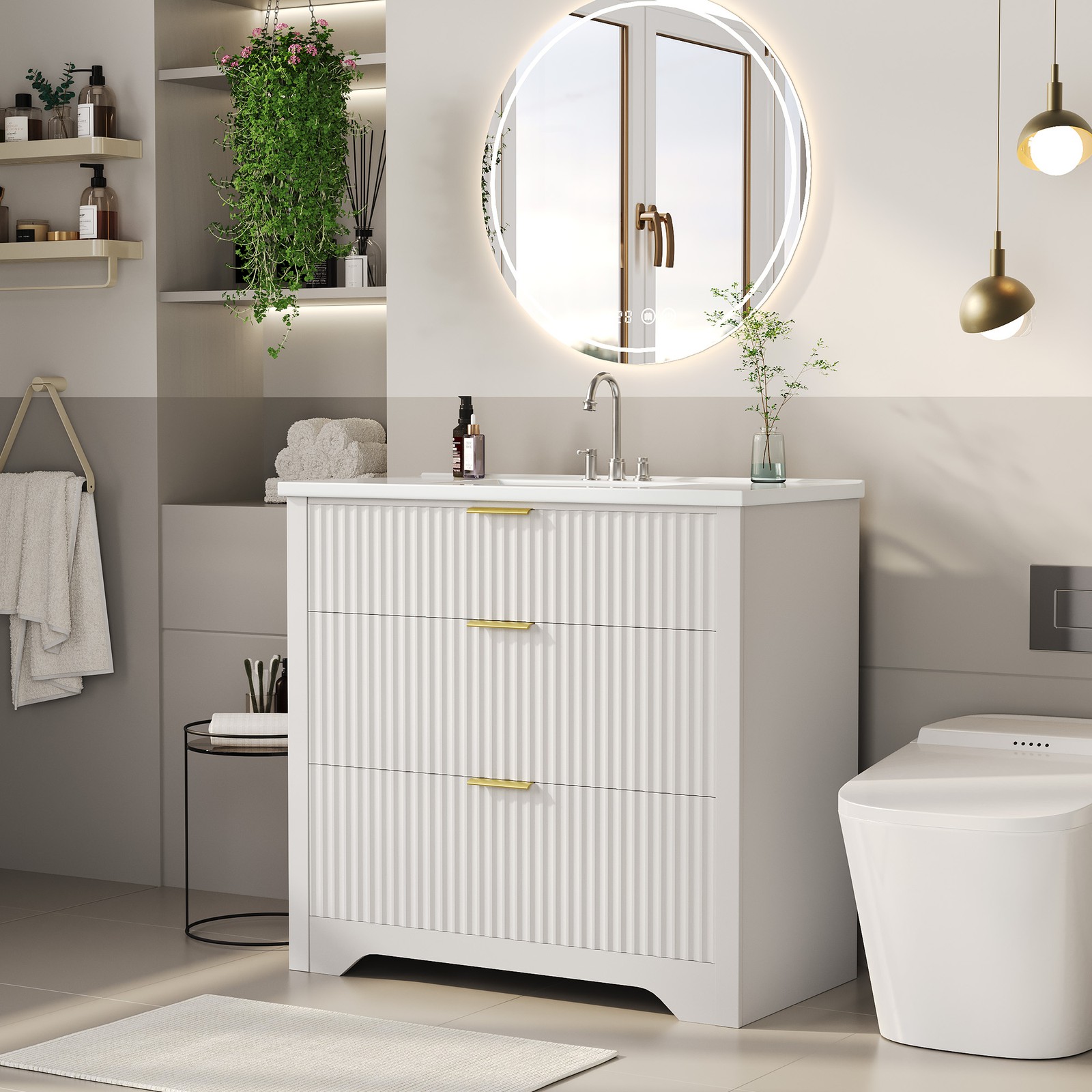 36” Fluted Bathroom Vanity Modern Freestanding Cabinet with Sink & 3 Drawers