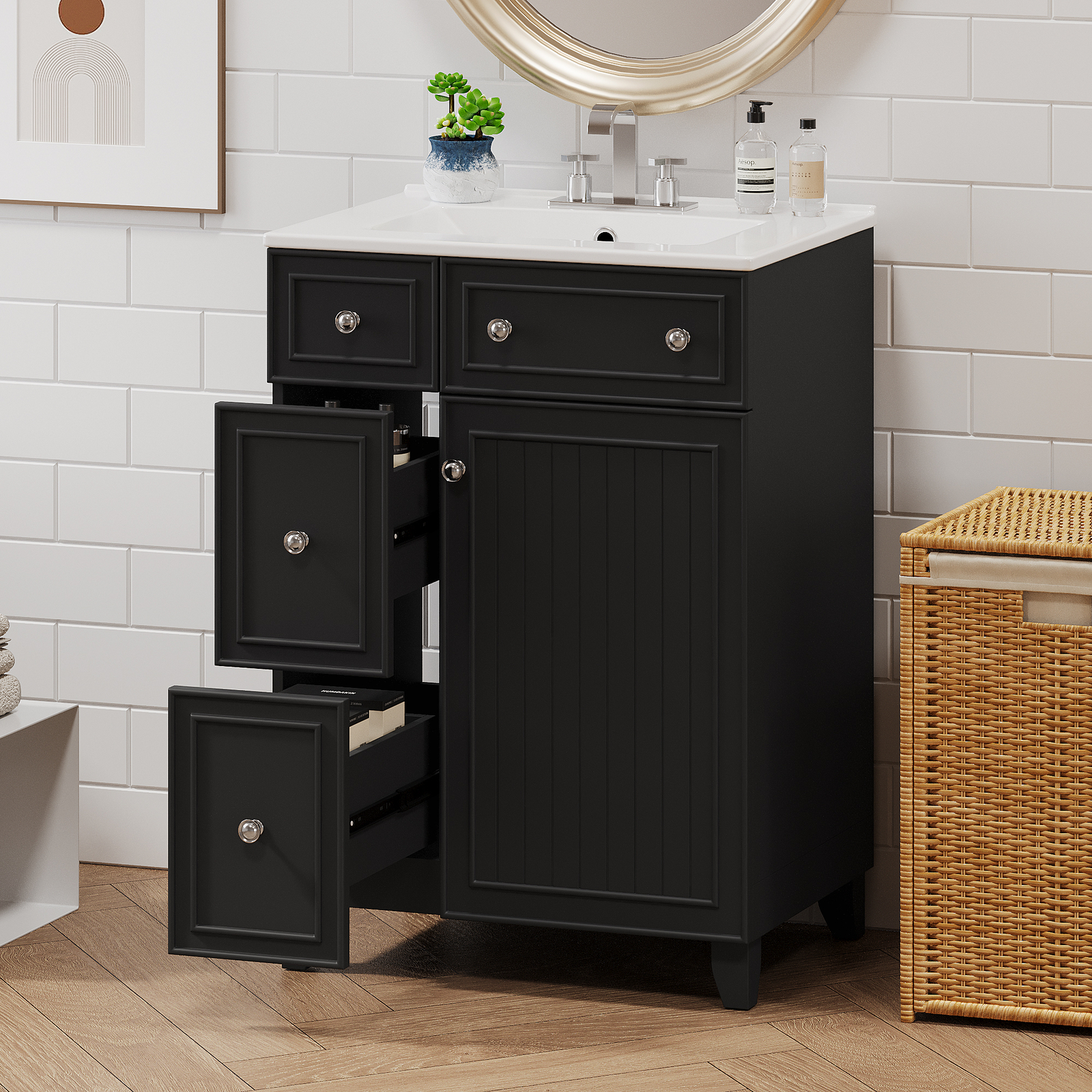 24″ Bathroom Vanity w/Ceramic Sink, 2 Drawers, Freestanding Small Vanity Cabinet