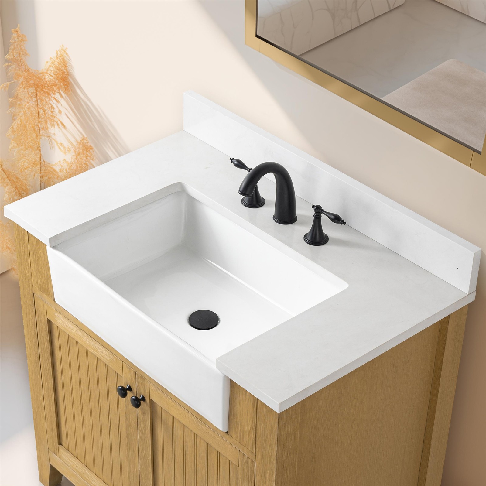 Design Element Burbank 36″ Single Sink Oak Bath Vanity with White Quartz Top