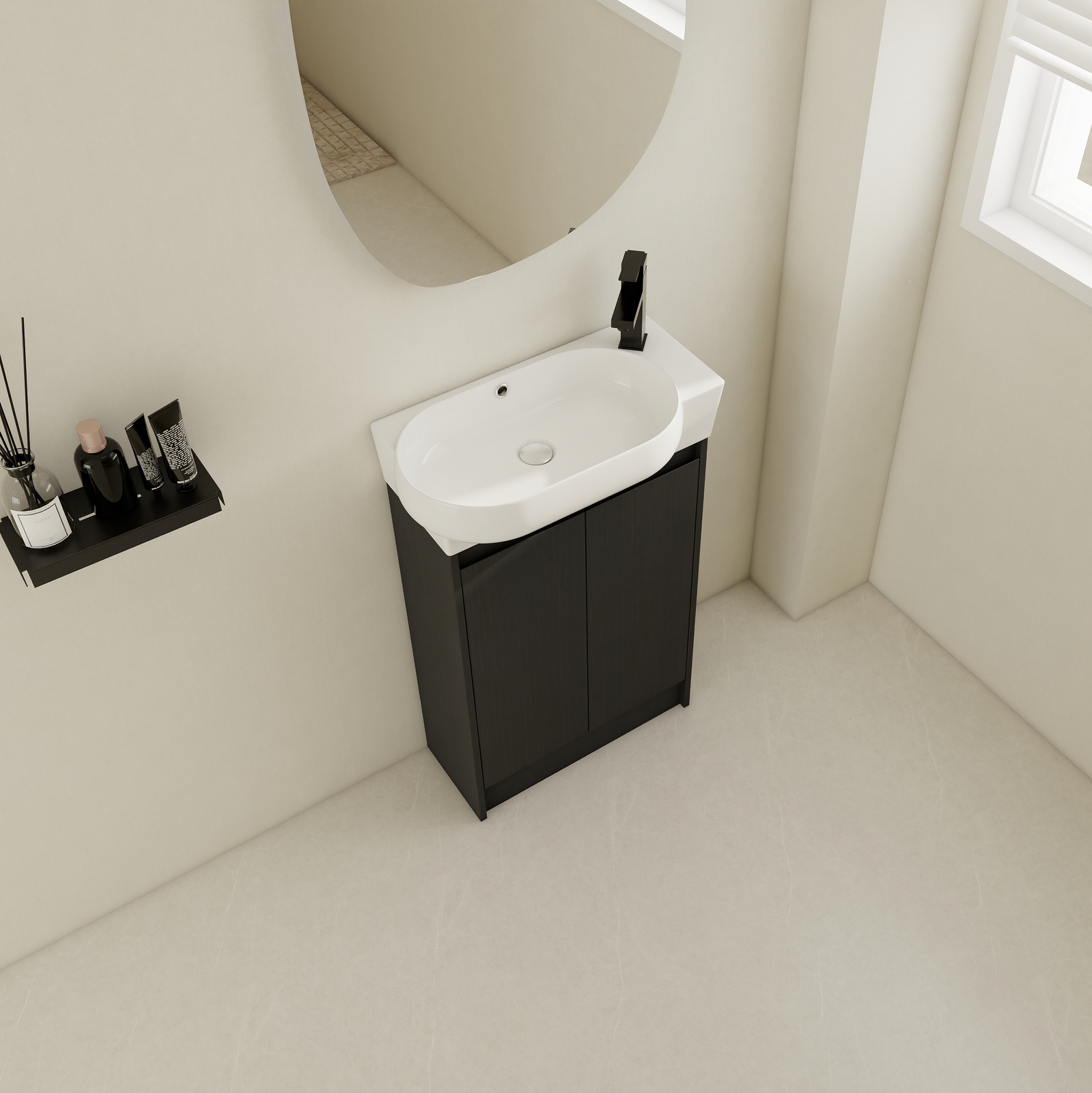 23″ plywood Freestanding Small Bathroom Vanity Cabinet +Ceramic Sink Basin Black