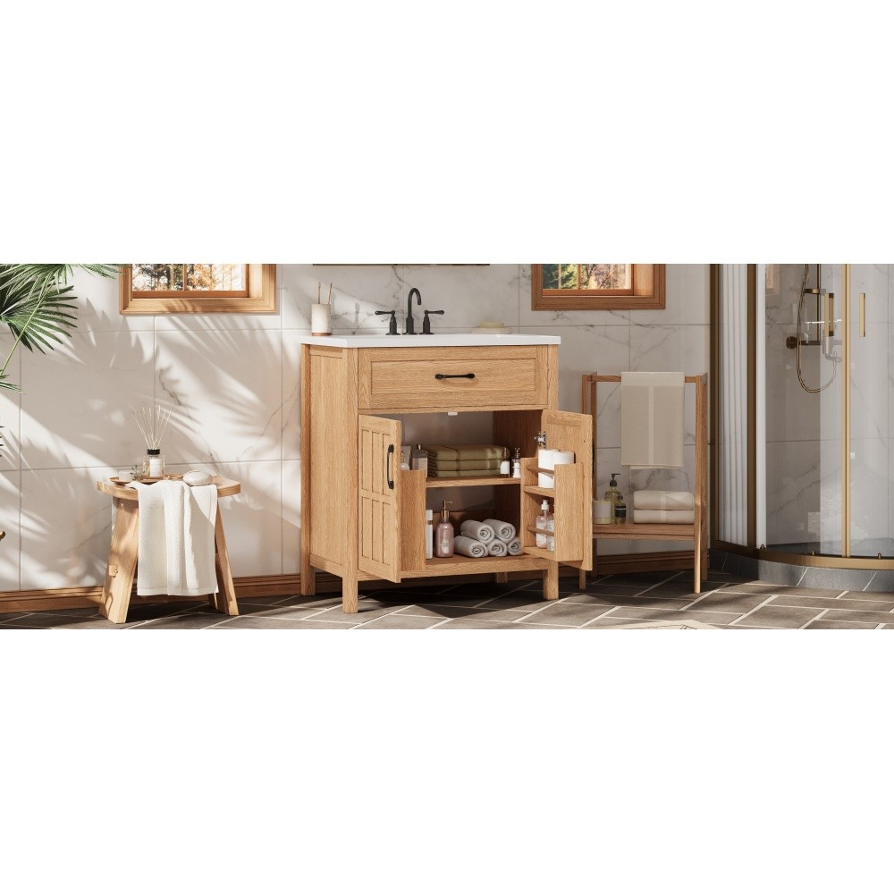 30″ Bathroom Vanity Resin Sink, Solid Wood, Adjustable Shelf & Door Organizers