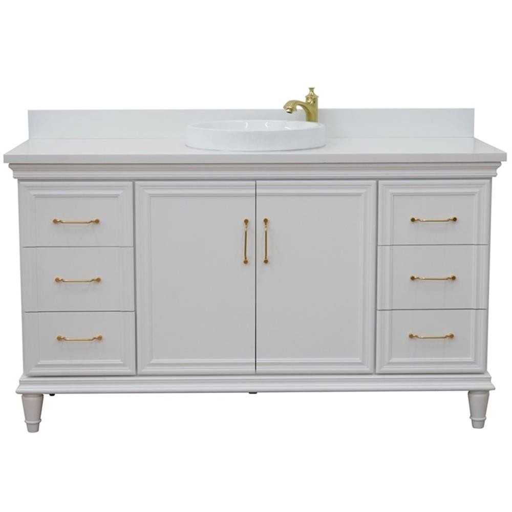61 in. Single Wooden Vanity White with White Quartz Round Sink