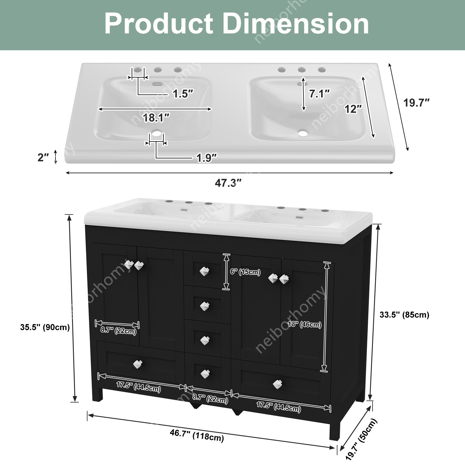 47″ Bathroom Vanity Cabinet with Double Sink Ceramic and 5 Drawers Freestanding