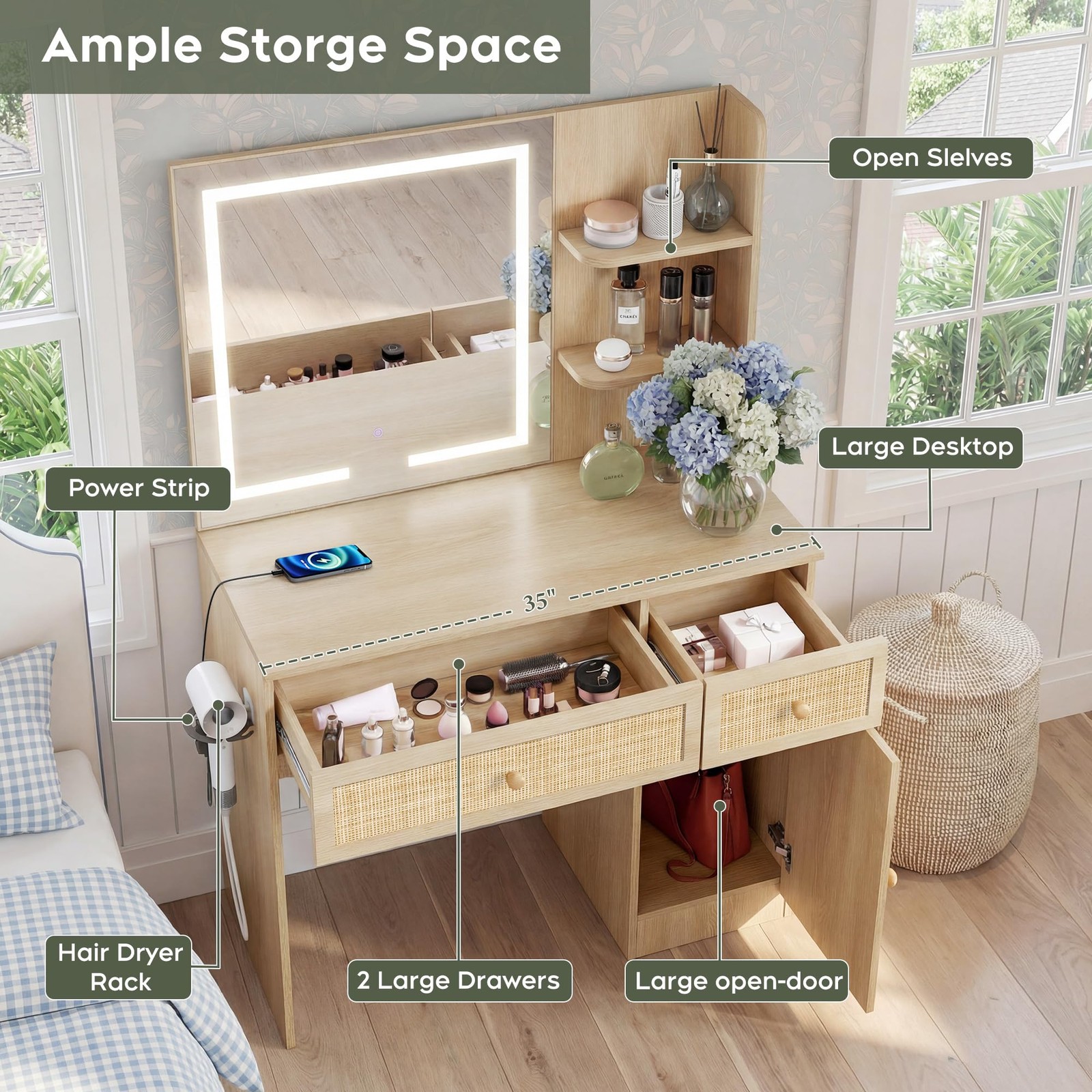 35 Boho Vanity Desk LED Mirror Power Strip Rattan Drawers Storage Shelves Stool