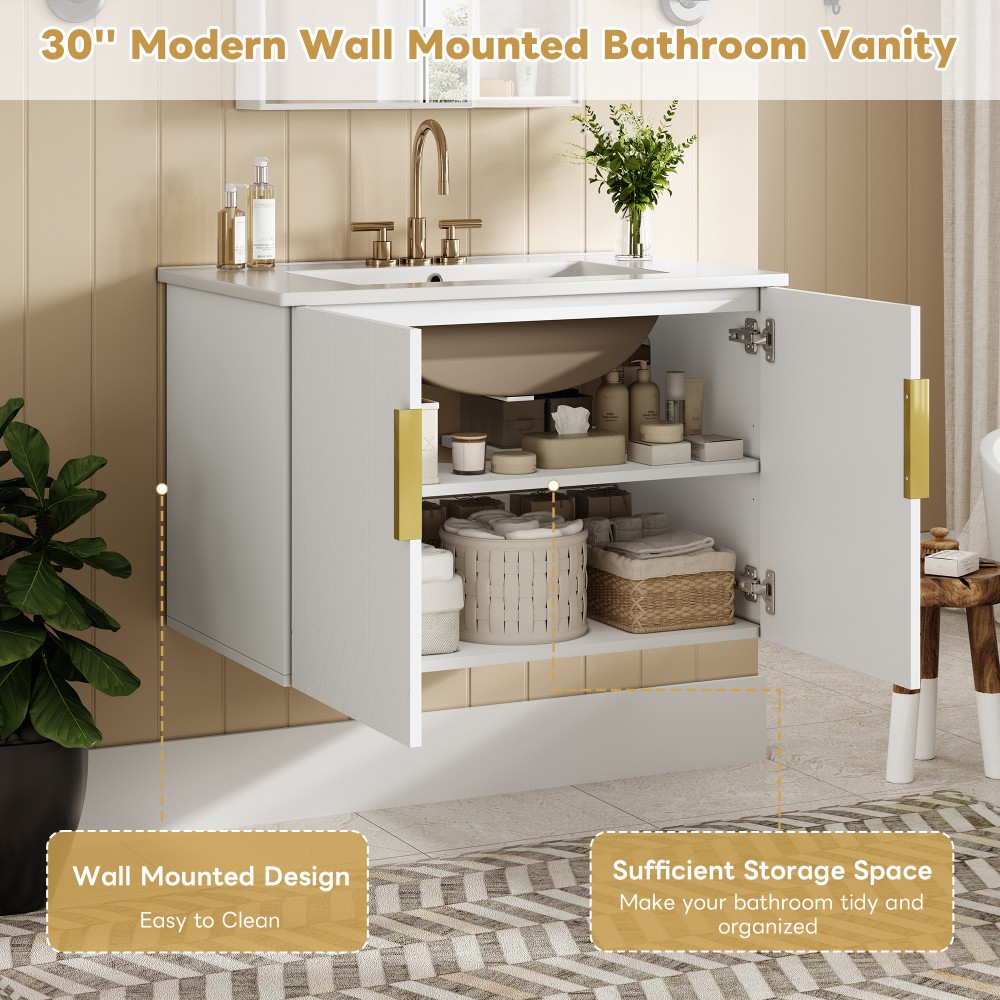 Bathroom Vanity W Ceramic Sink Three-Hole Mounting Features Two Soft-Close Doors