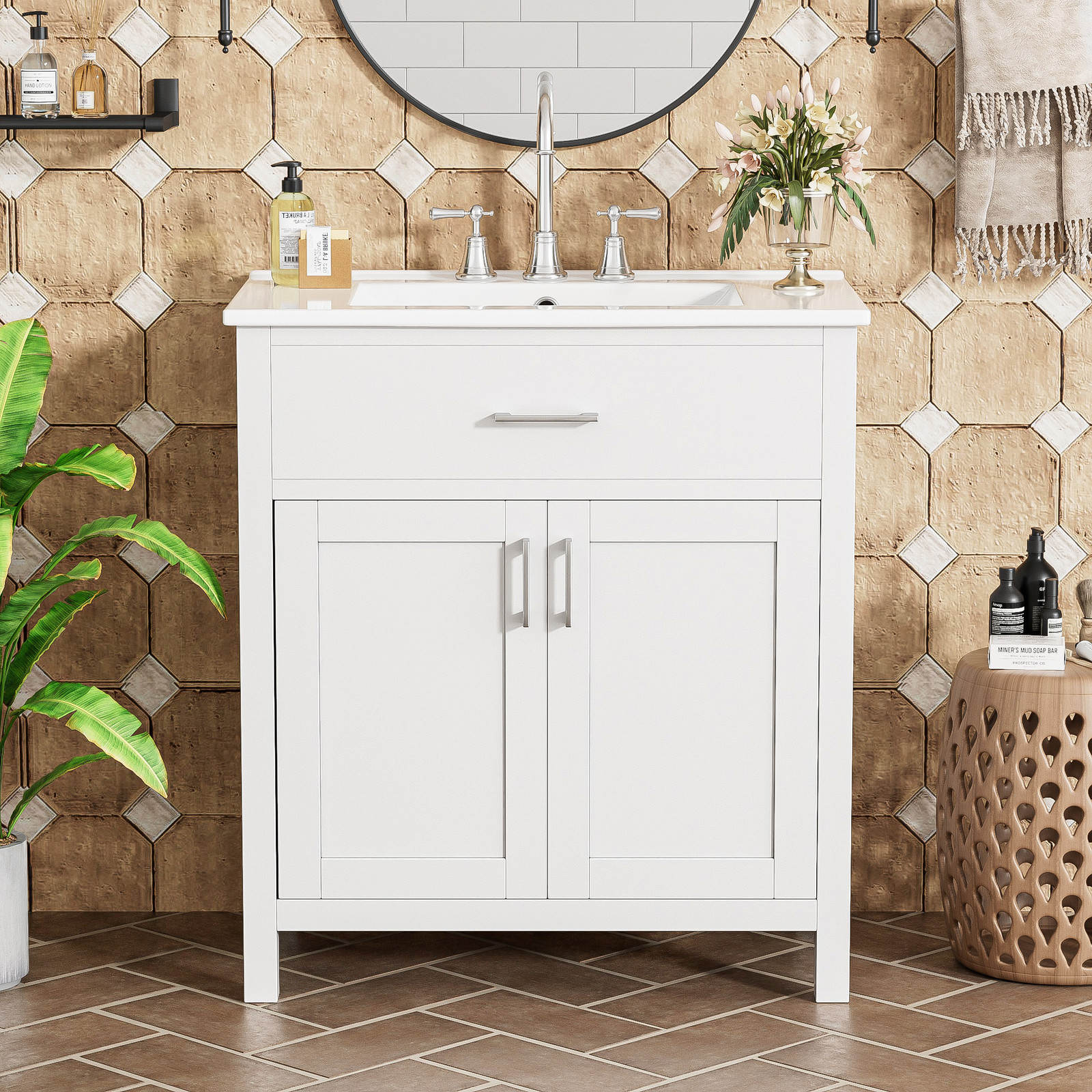 30-Inch Bathroom Vanity with Ceramic Sink, White, Solid Wood MDF