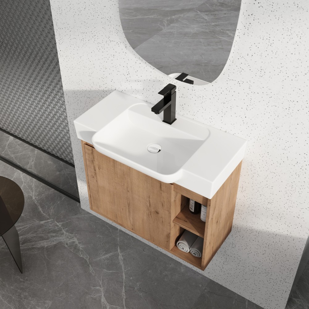 28” Wall-Mounted Bathroom Vanity with White Ceramic Sink & Soft-Close Door