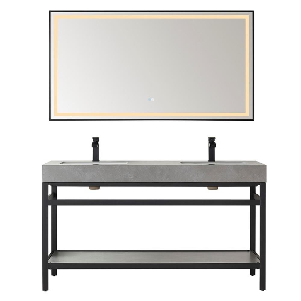 Funes 60″ Double Sink Bathroom Vanity in Matte Black Frame Gray Top w/ Mirror
