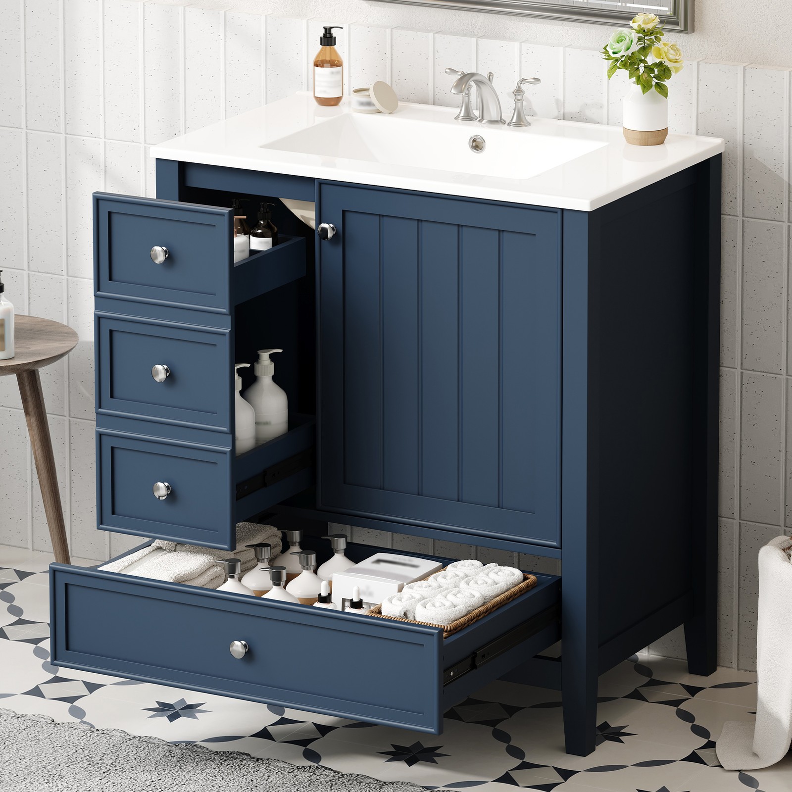 30″ Blue Bathroom Vanity with Sink, 1 Cabinet & 3 Drawers, Solid Wood & MDF