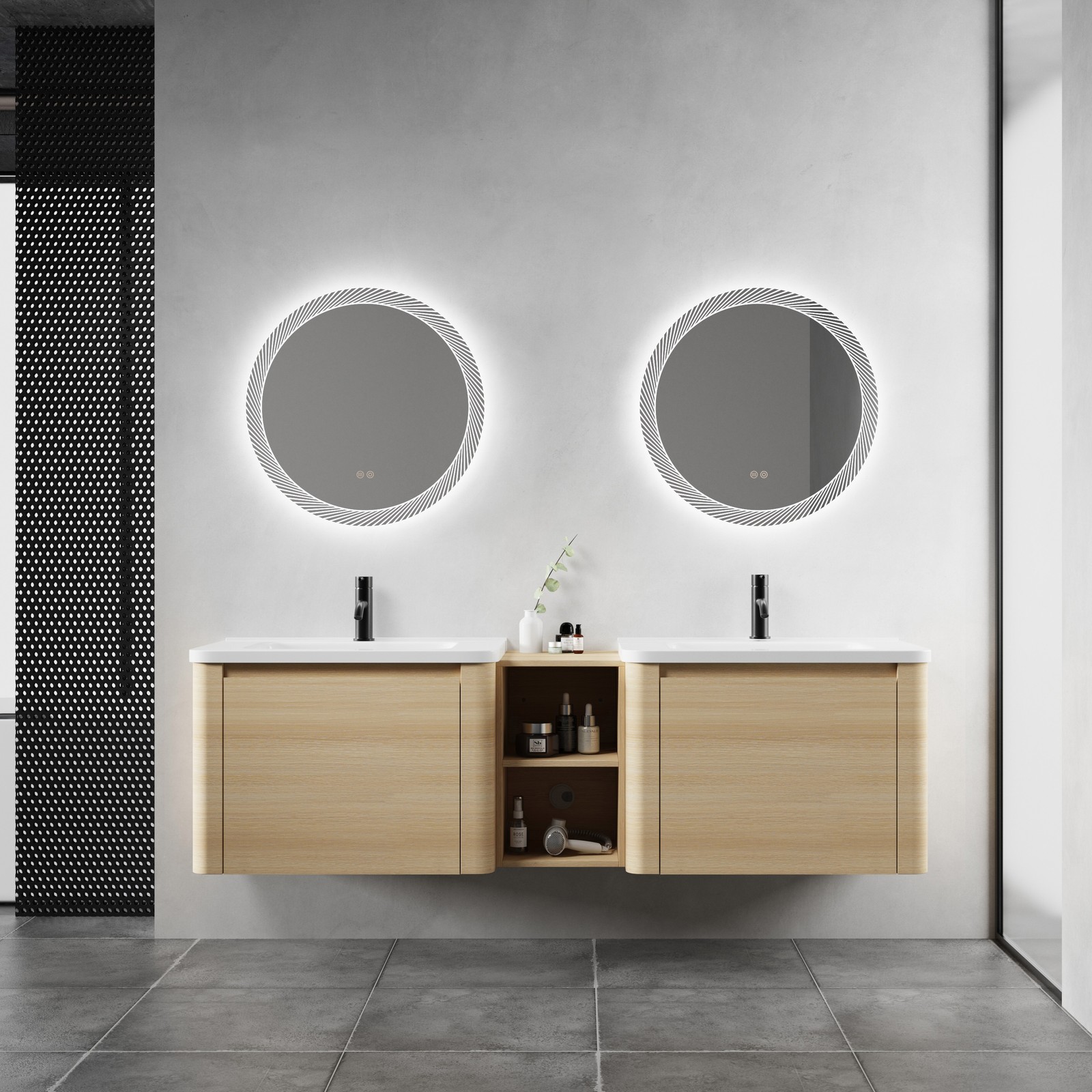 68in Plywood Wall-Mounted Bathroom Vanity W/ 2x White Ceramic Sink and Shelves