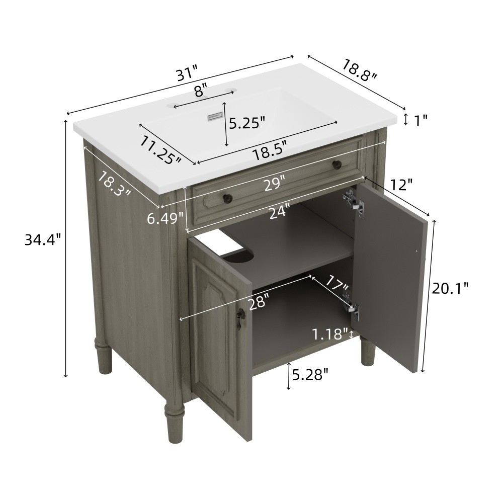 30In Bathroom Vanity with Sink Rustic Bathroom Cabinet with Soft Close Doors