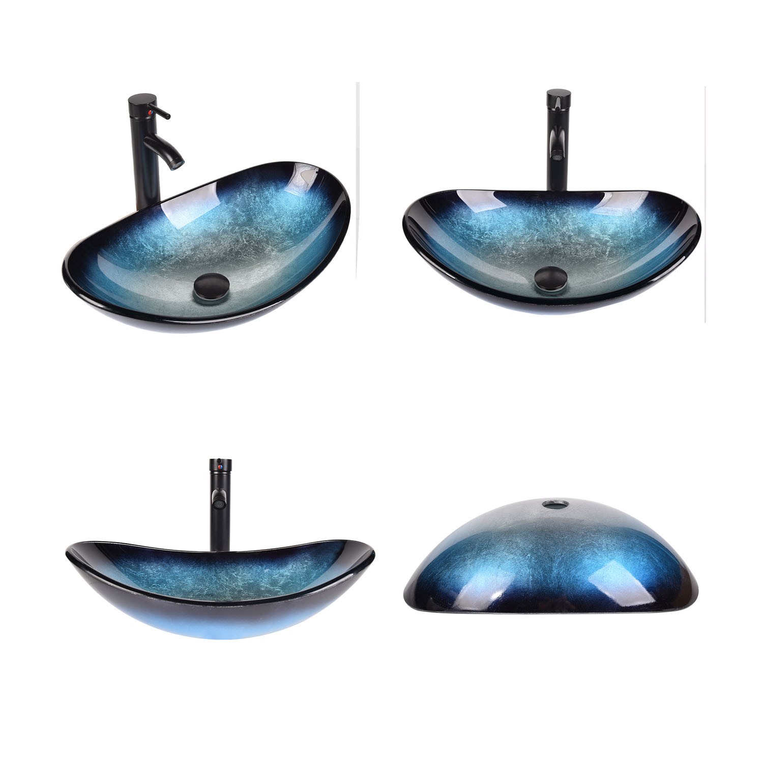 24″ Bathroom Vanity, Blue Glass Vessel Sink with Storage Drawer & Big Mirror