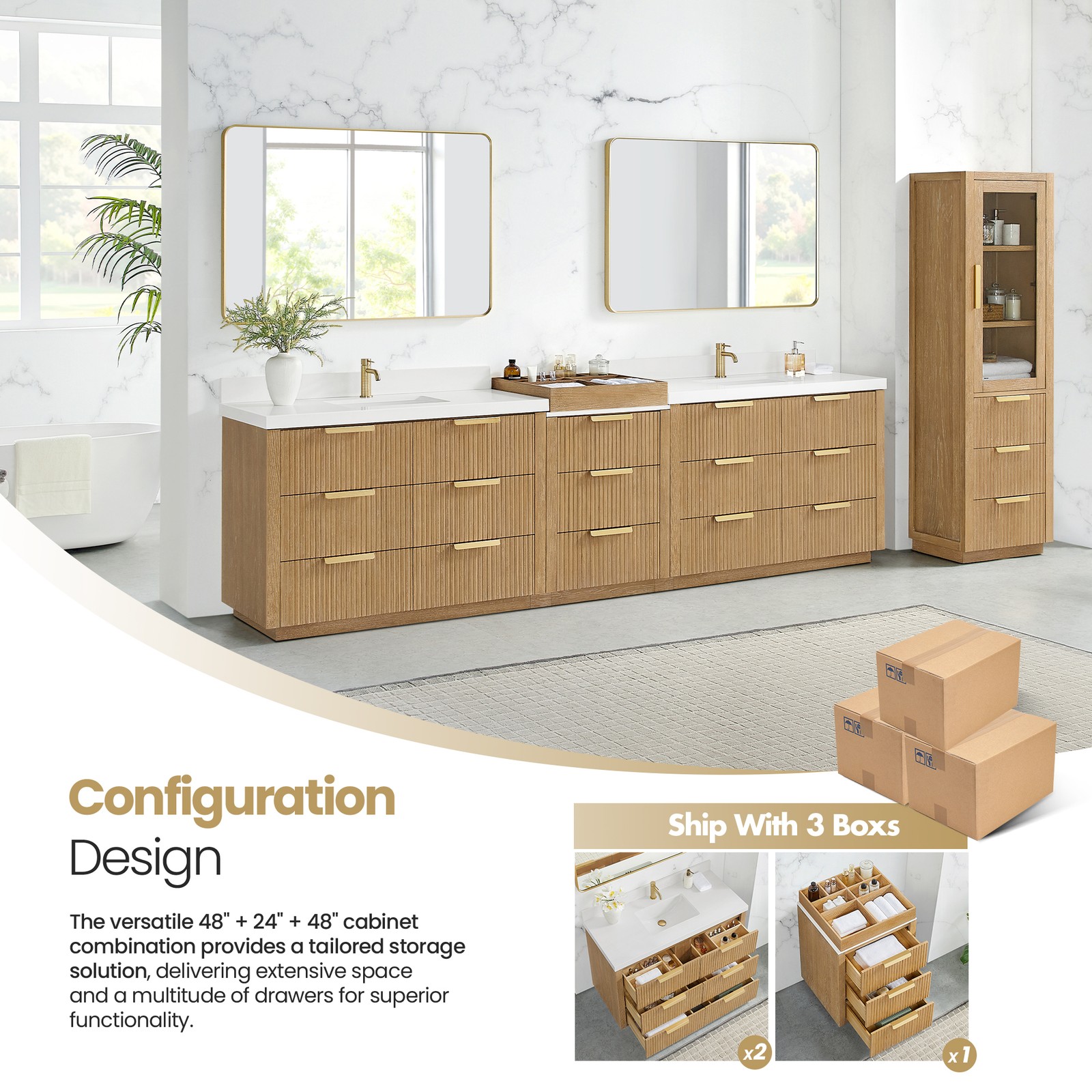 Santarem 120″ Combine Double Vanity in Washed Ash Grey with Quartz Stone Top