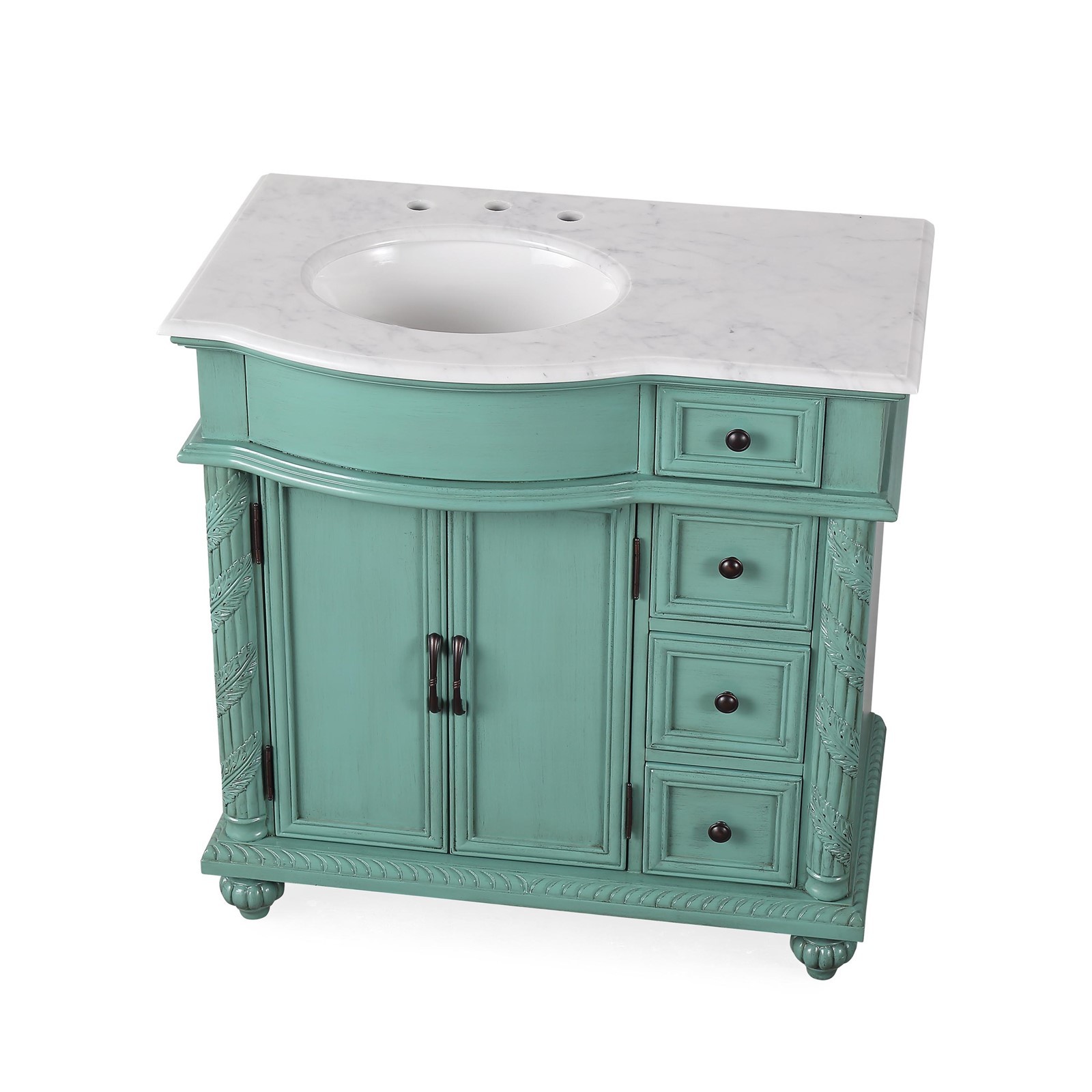 36″ Vintage Green Carrara Top Bathroom Left Sink Cabinet Single Vanity