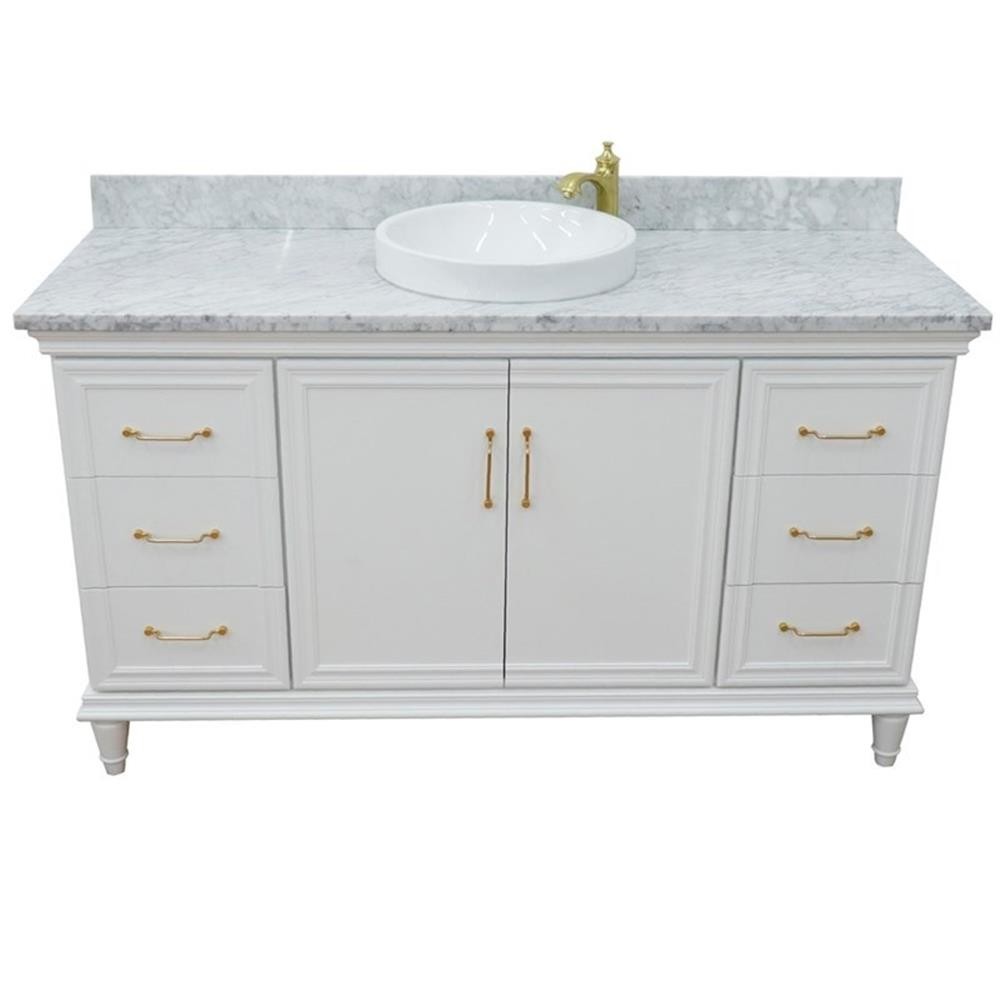 61 in. Single Wooden Vanity White with White Carrara Round Sink