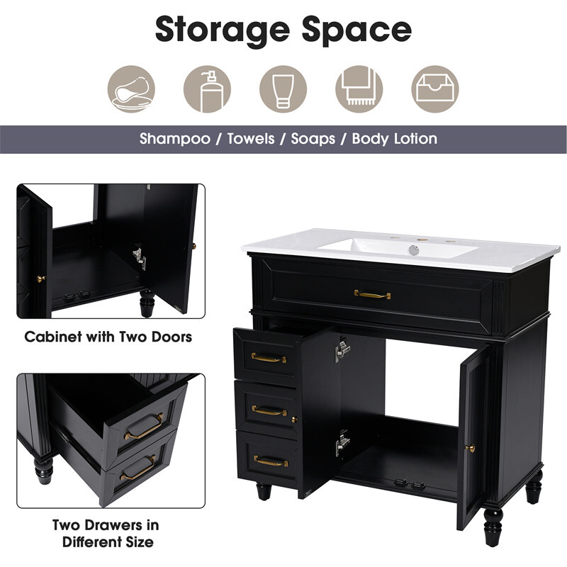 36″ Bathroom Vanity Set with Sink, Black Bathroom Cabinet w/3 Drawers & 2 Doors