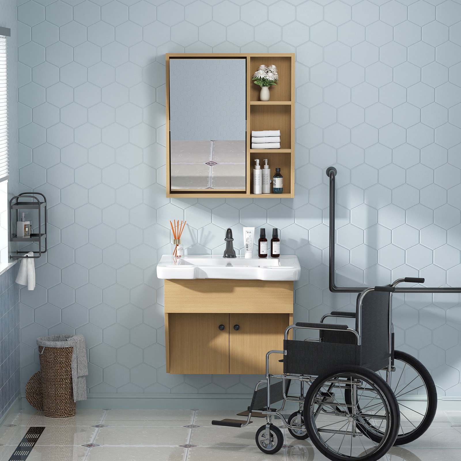 24″ Wall-Mount Small Bathroom Vanity w/ Sink Mirror Cabinet Combo for Elderly