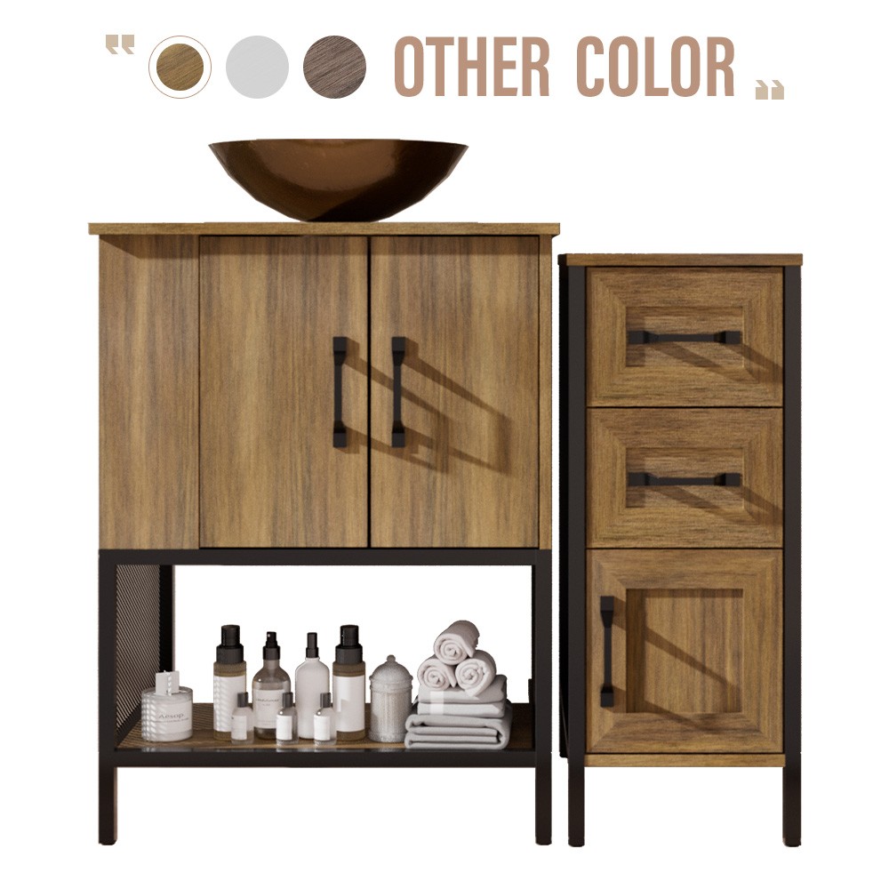 36″ Freestanding Bathroom Vanity with Vessel Sink 3 Drawers Storage Cabinet Oak