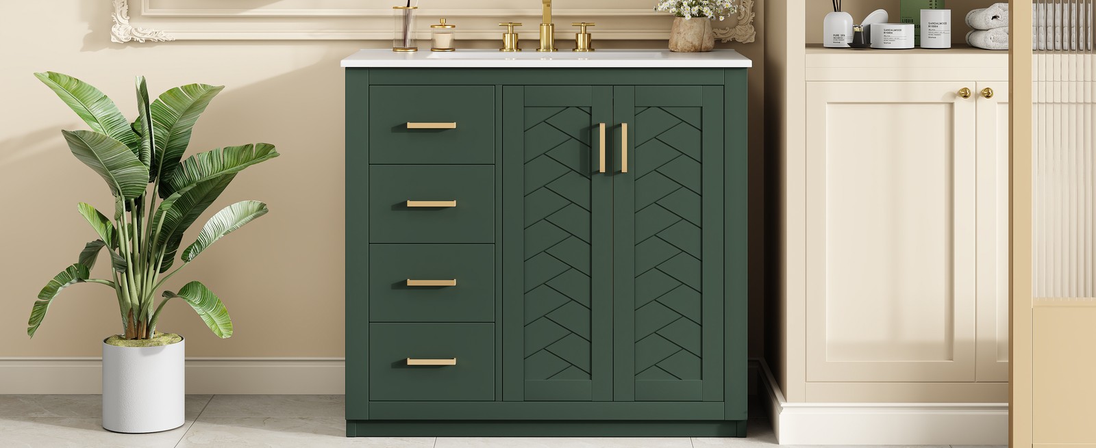 36″ Bathroom Vanity with Ceramic Sink, Solid Wood Frame, 3 Drawers