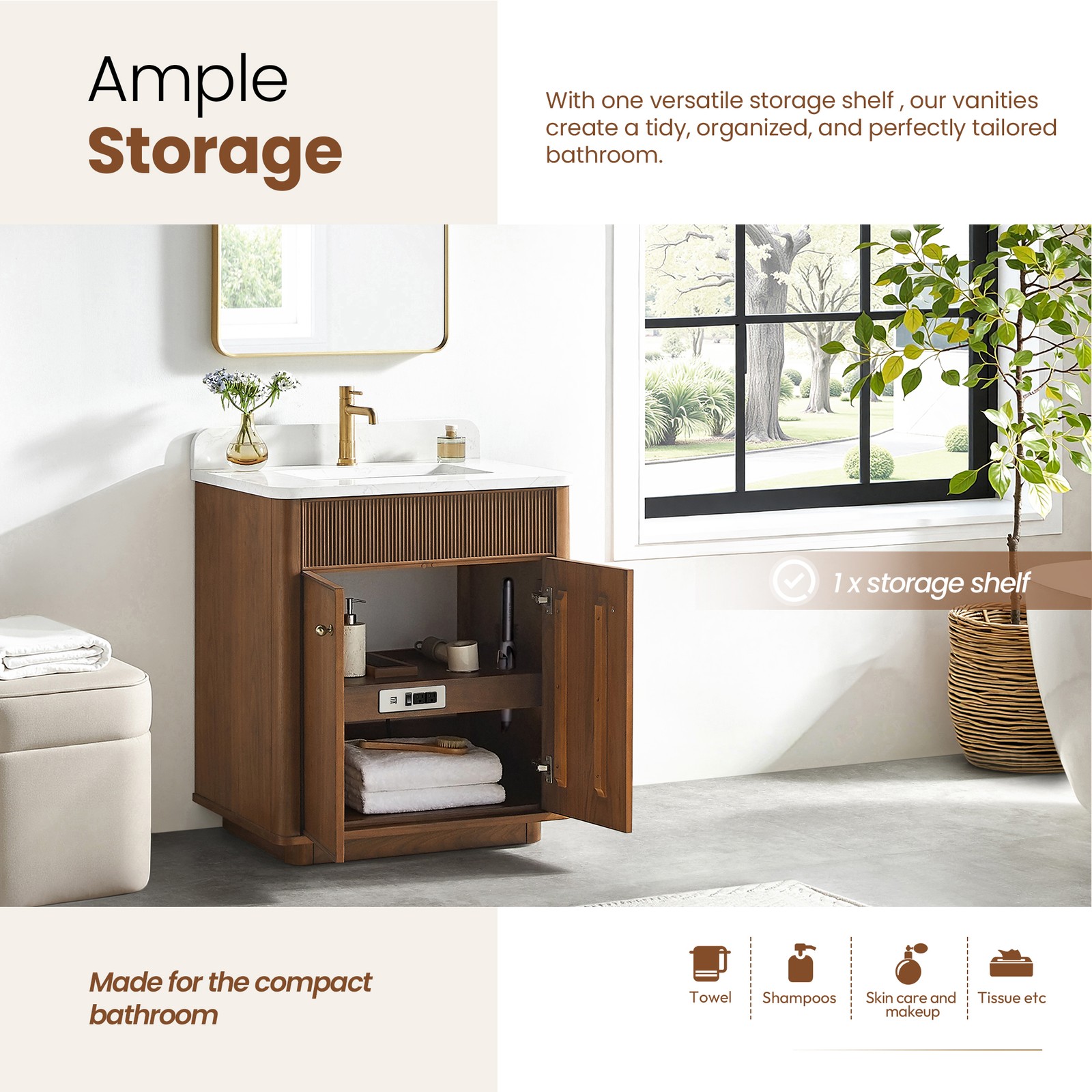 Zogno 30″ Single Sink Bath Vanity in Natural Walnut with White Grain Stone Top
