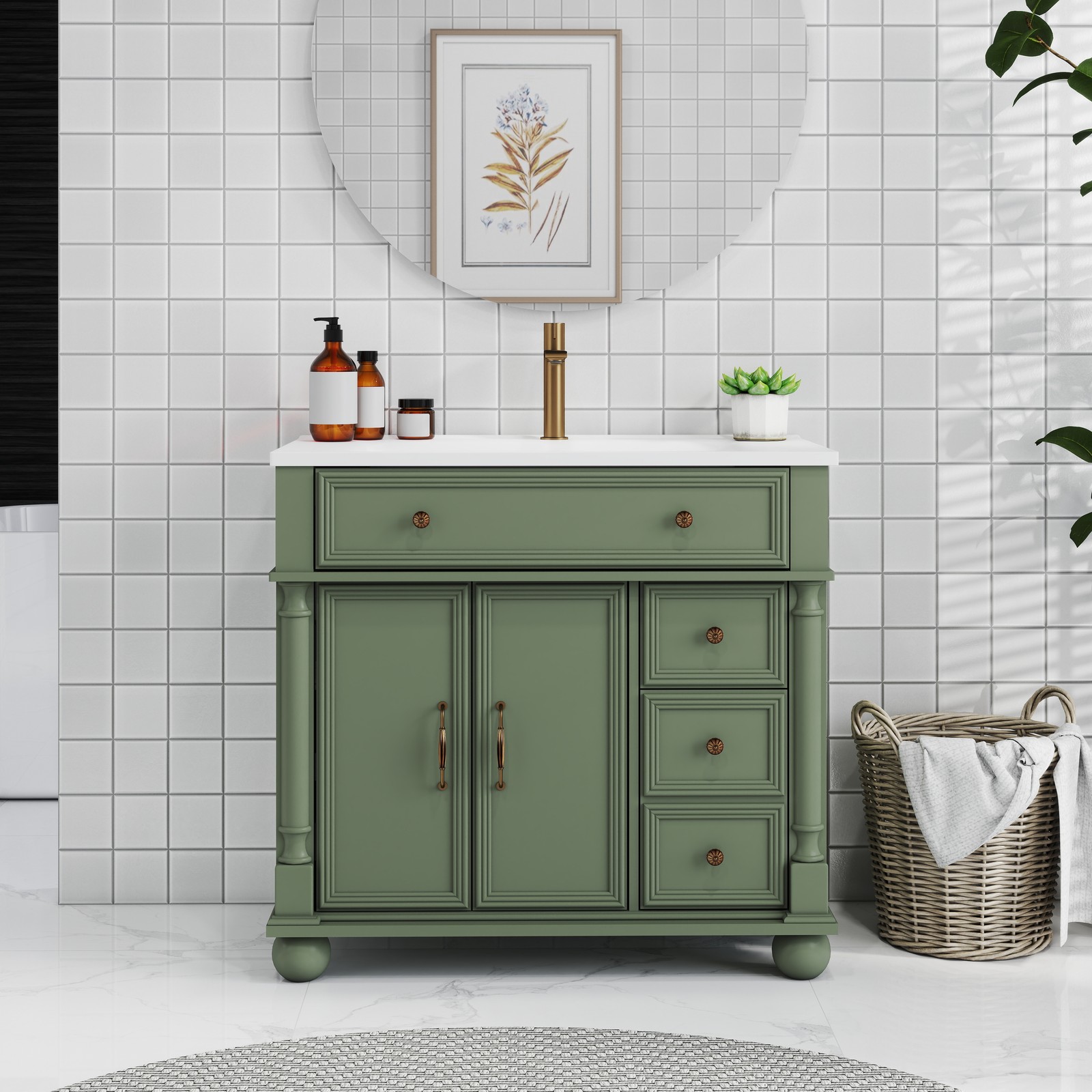 35.6″ Mid-Century Bathroom Cabinet Bathroom Vanity Sink with Roman Column Base