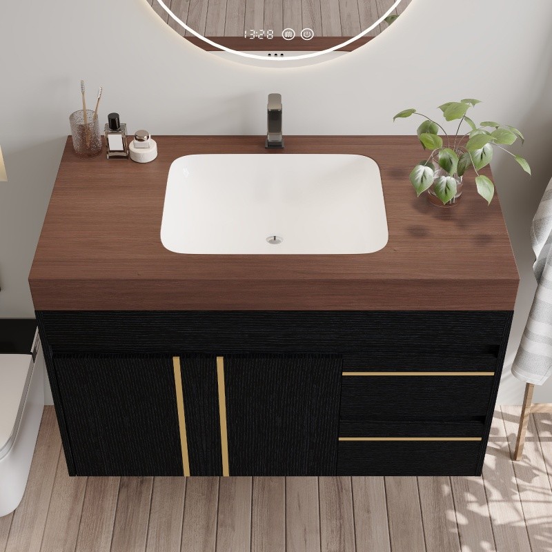 36″ Modern Floating Bathroom Vanity w/Integrated Ceramic Sink & Faux Marble Top