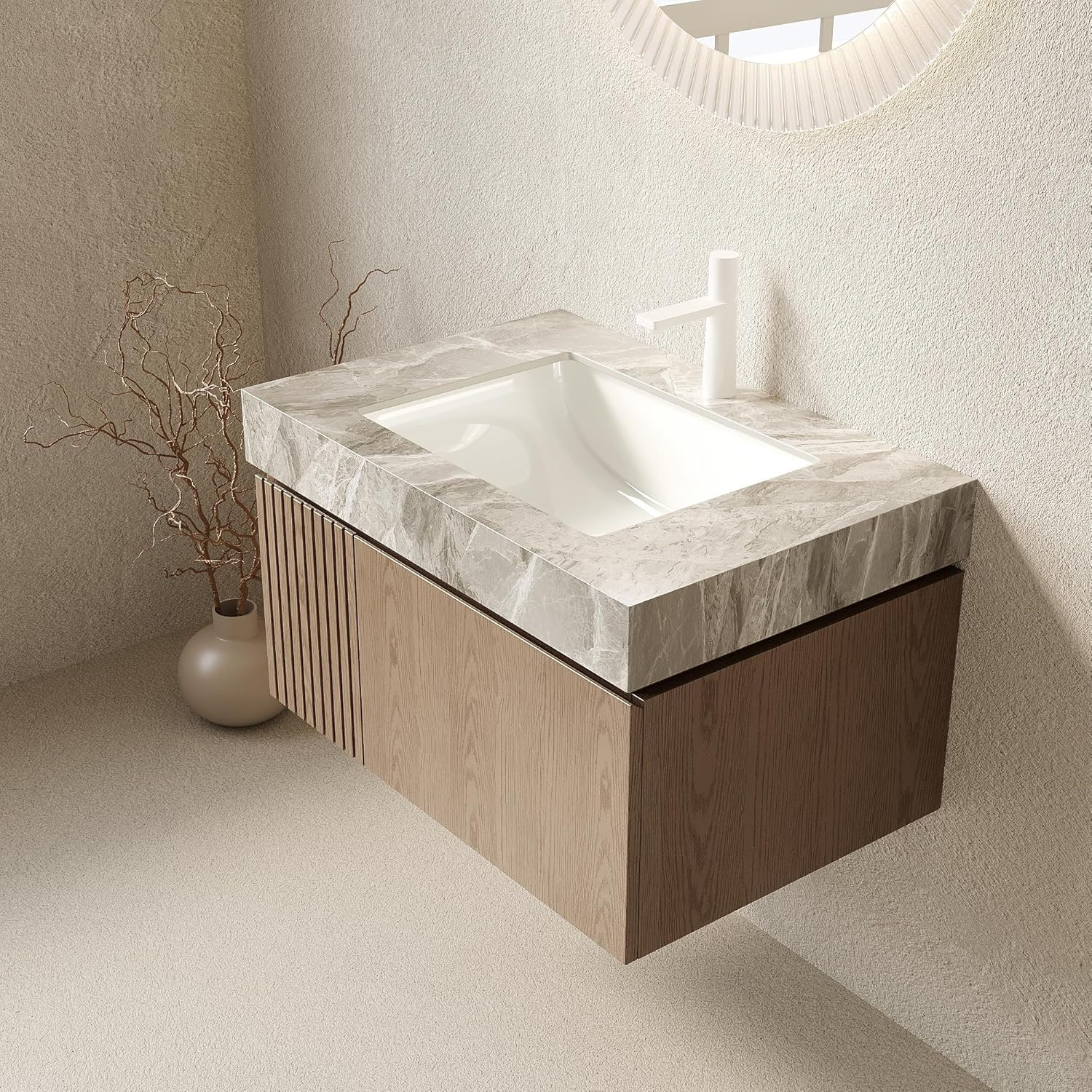 30″ Modern Floating Bathroom Vanity with Sink & Storage – Light Brown & Grey