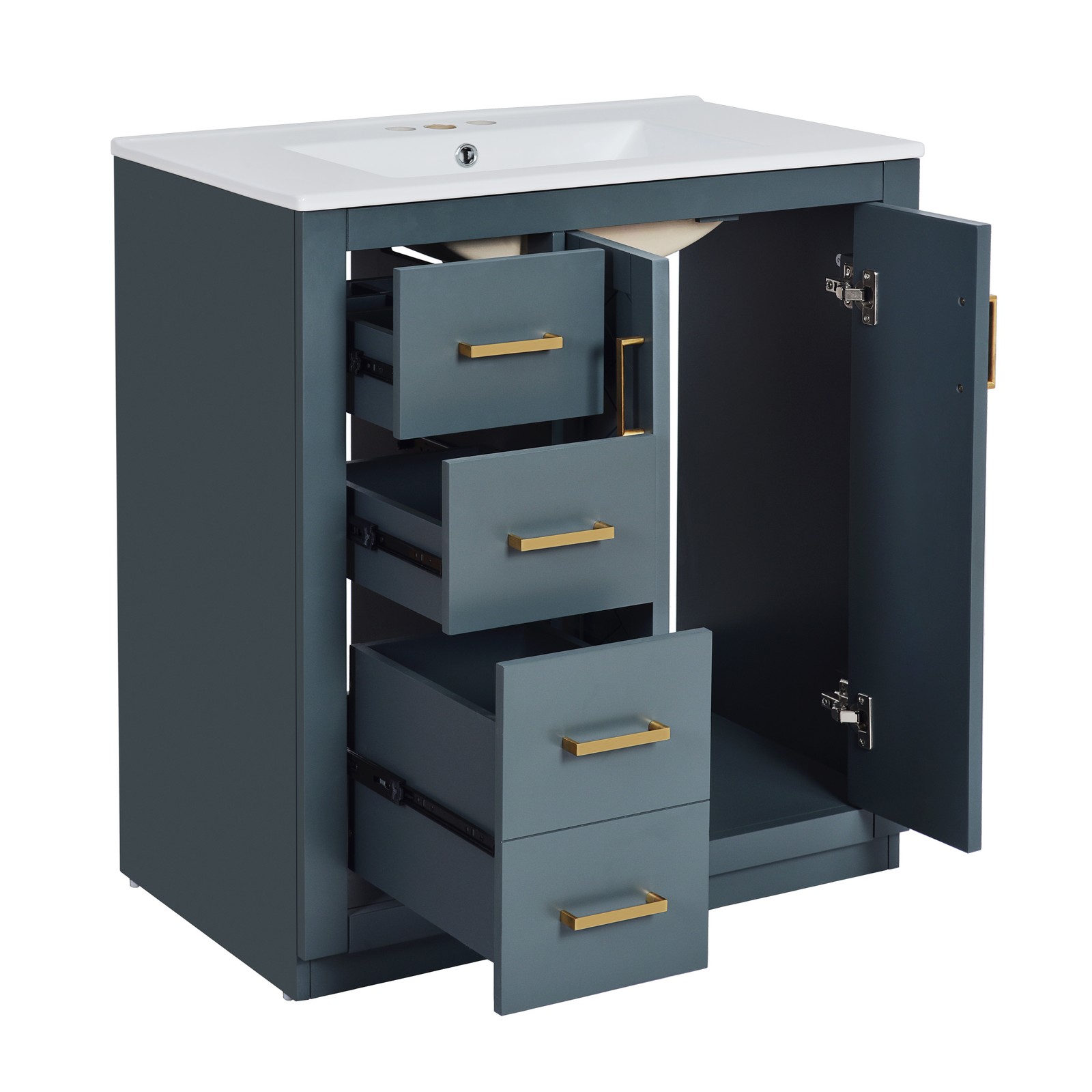 30″ Bathroom Vanity w/Ceramic Sink, 3 Drawers, Freestanding Bath Vanity Cabinet