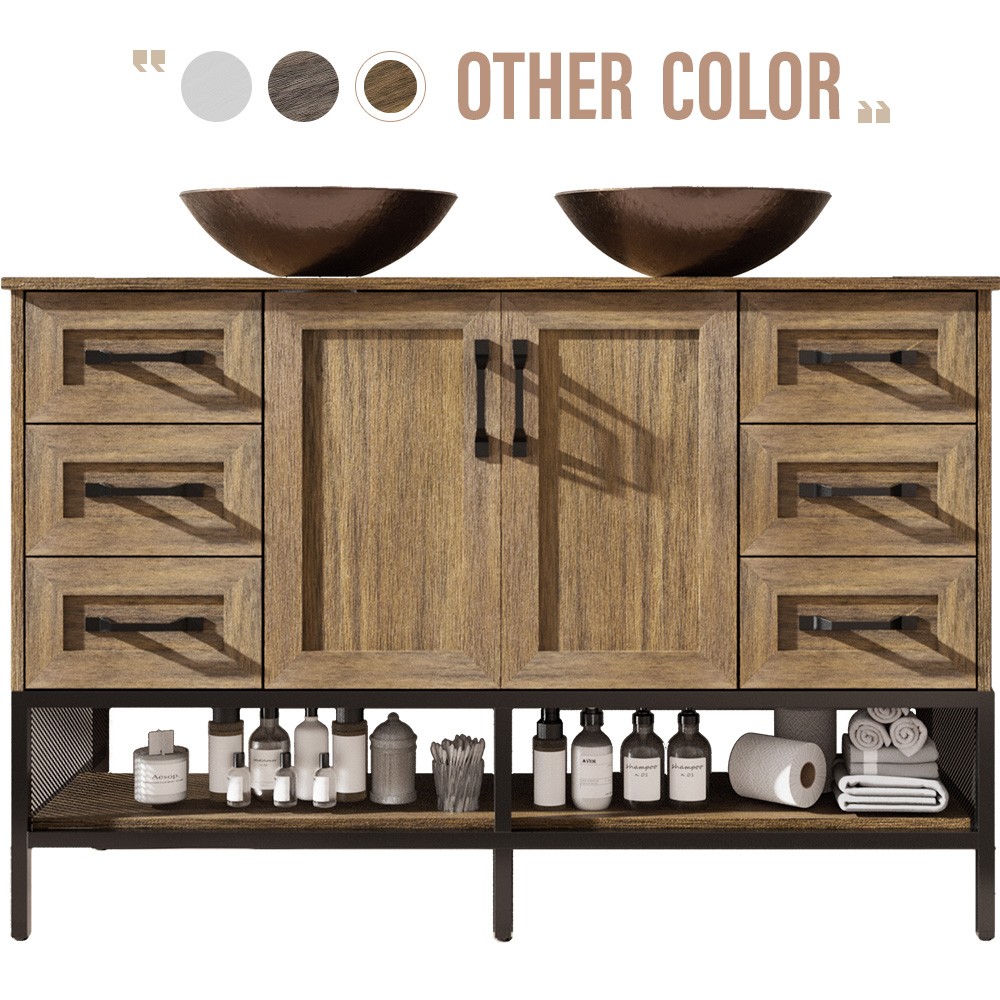 48″ Bathroom Vanity w/ Vessel Freestanding Cabinet Open Shelves & 6 Drawers Oak