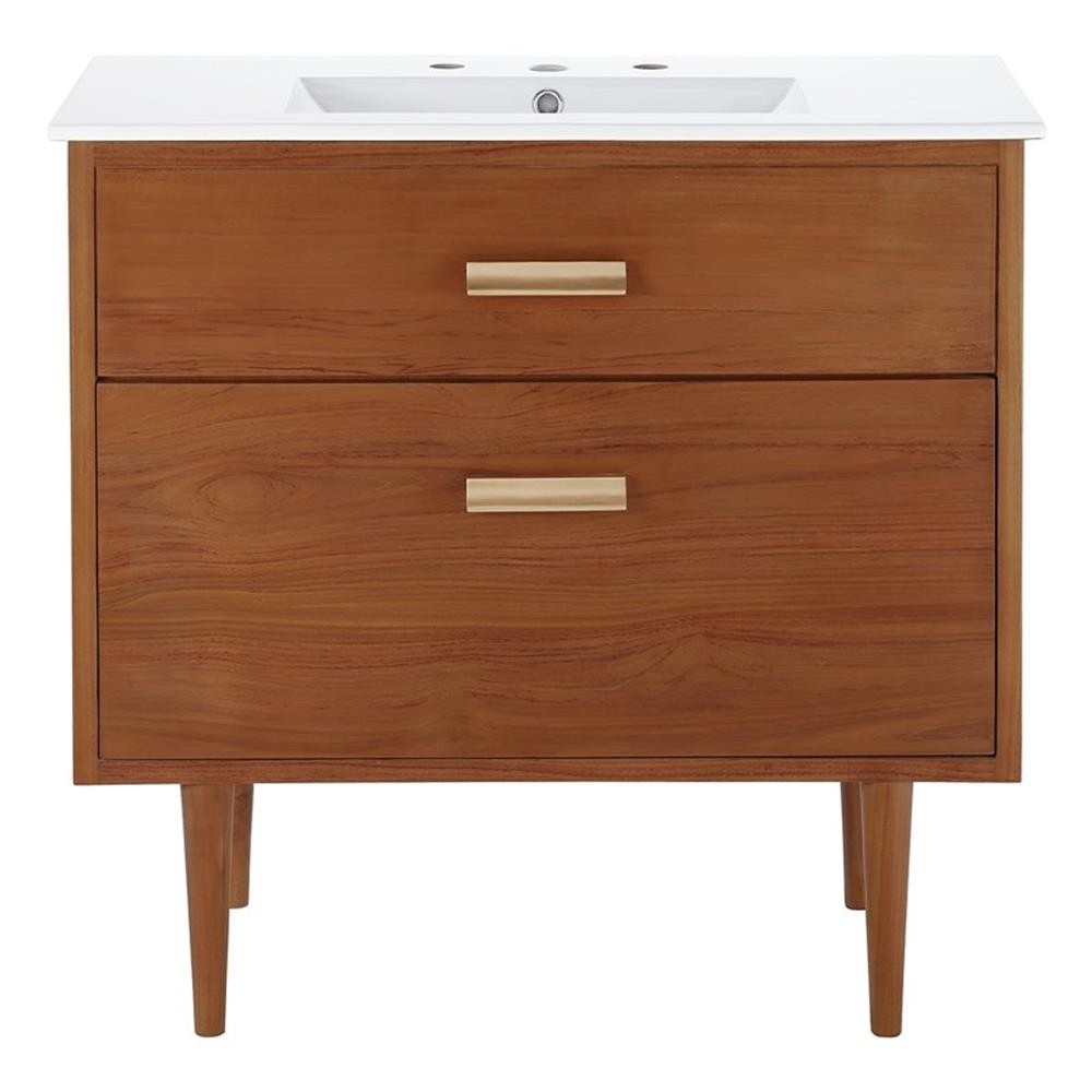 Pemberly Row 36″ Modern Wood & Ceramic Bathroom Vanity in Natural/White