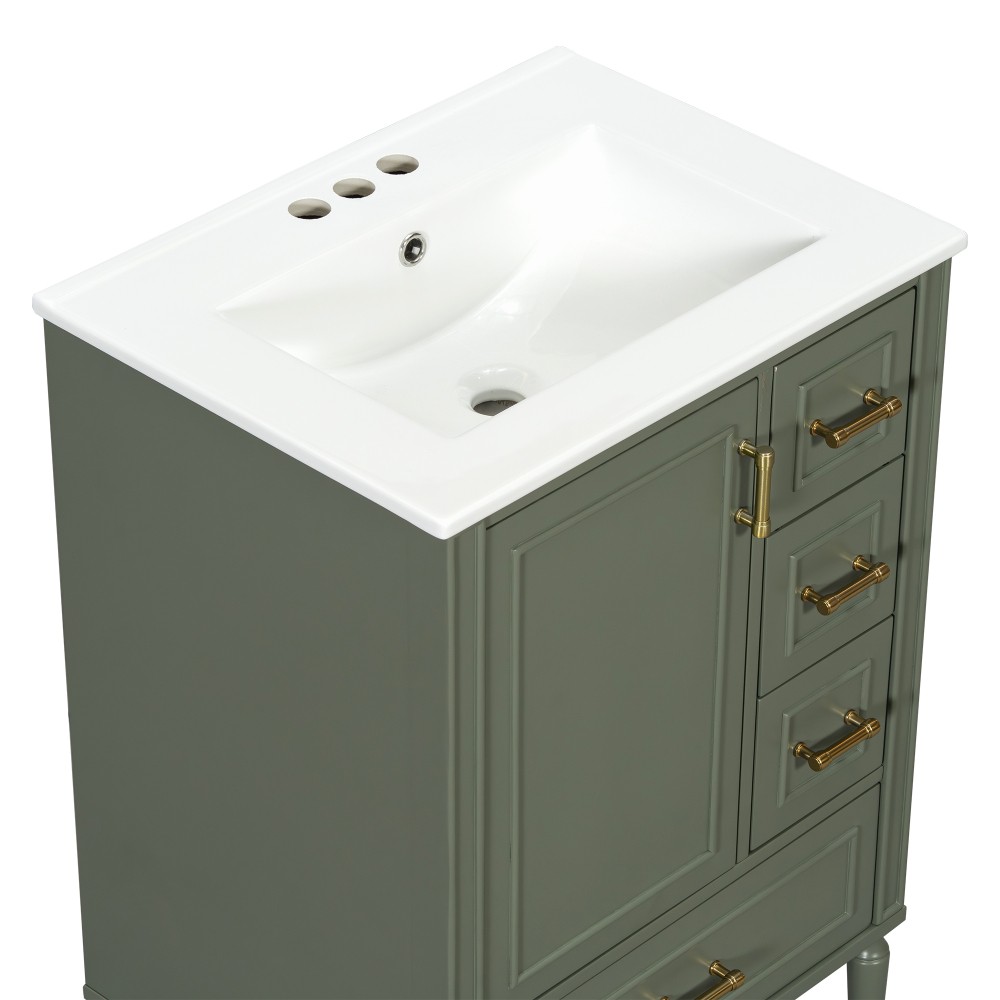 24″ Modern Bathroom Vanity with Ceramic Sink, Soft-Close Door, 3 Drawers