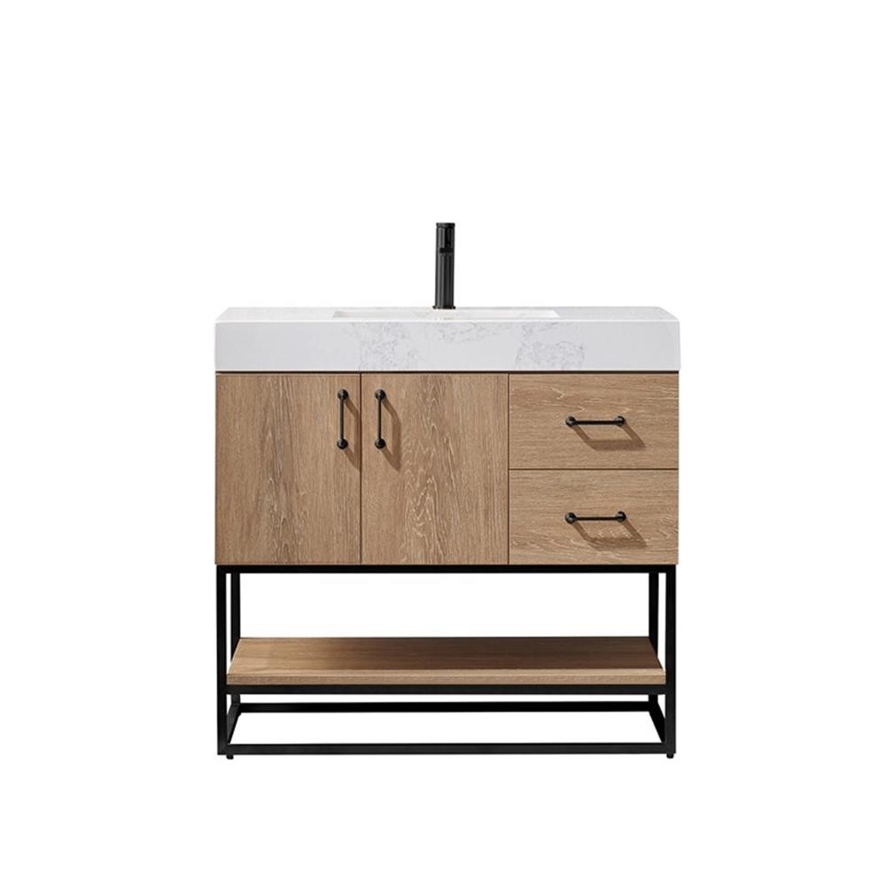 Pemberly Row 36″ White Stone Top Oak Single Vanity Black Frame w/o Mirror