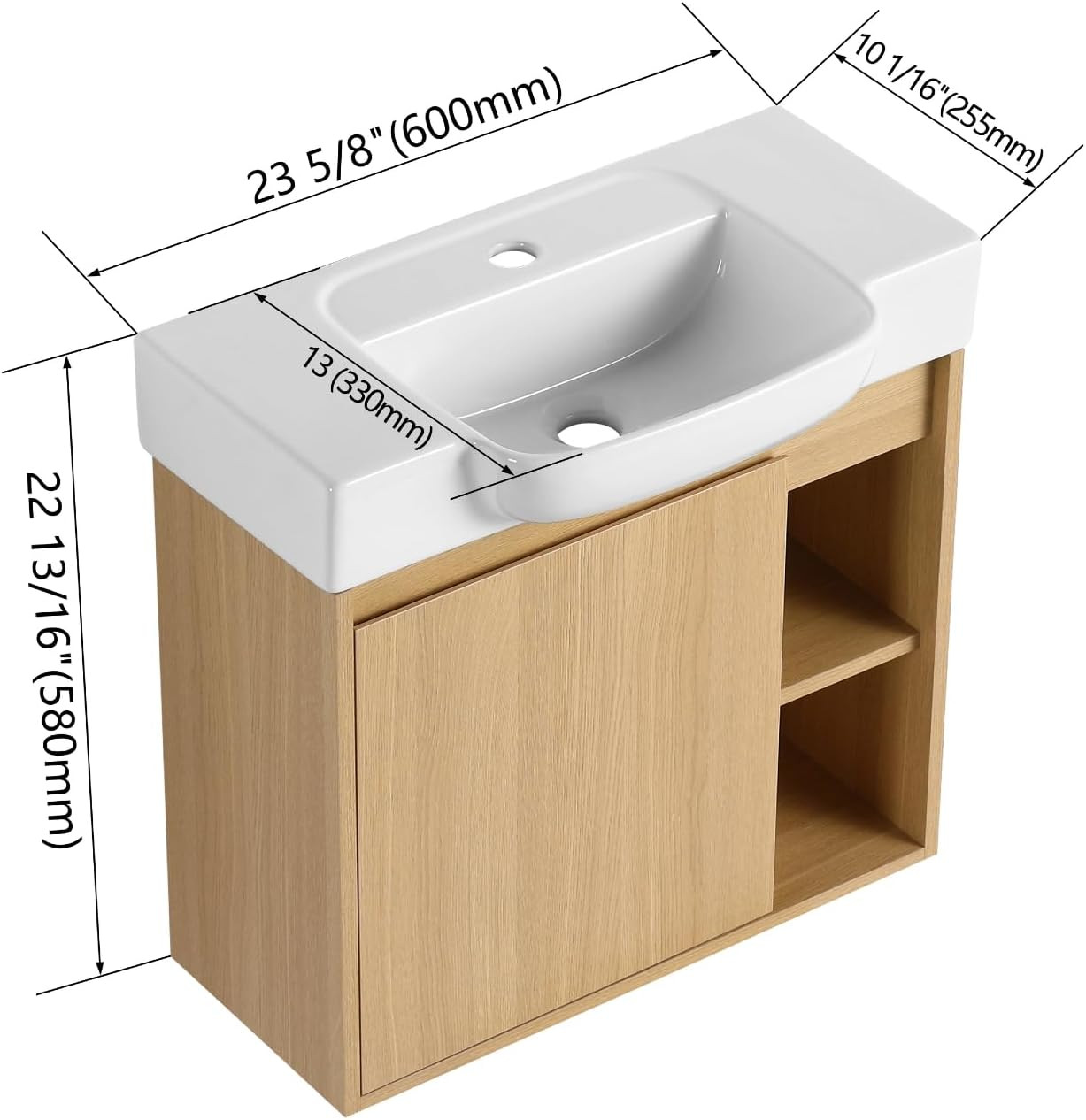 Modern 24″ Wall-Mounted Bathroom Vanity with Ceramic Sink & Open Shelves, Light