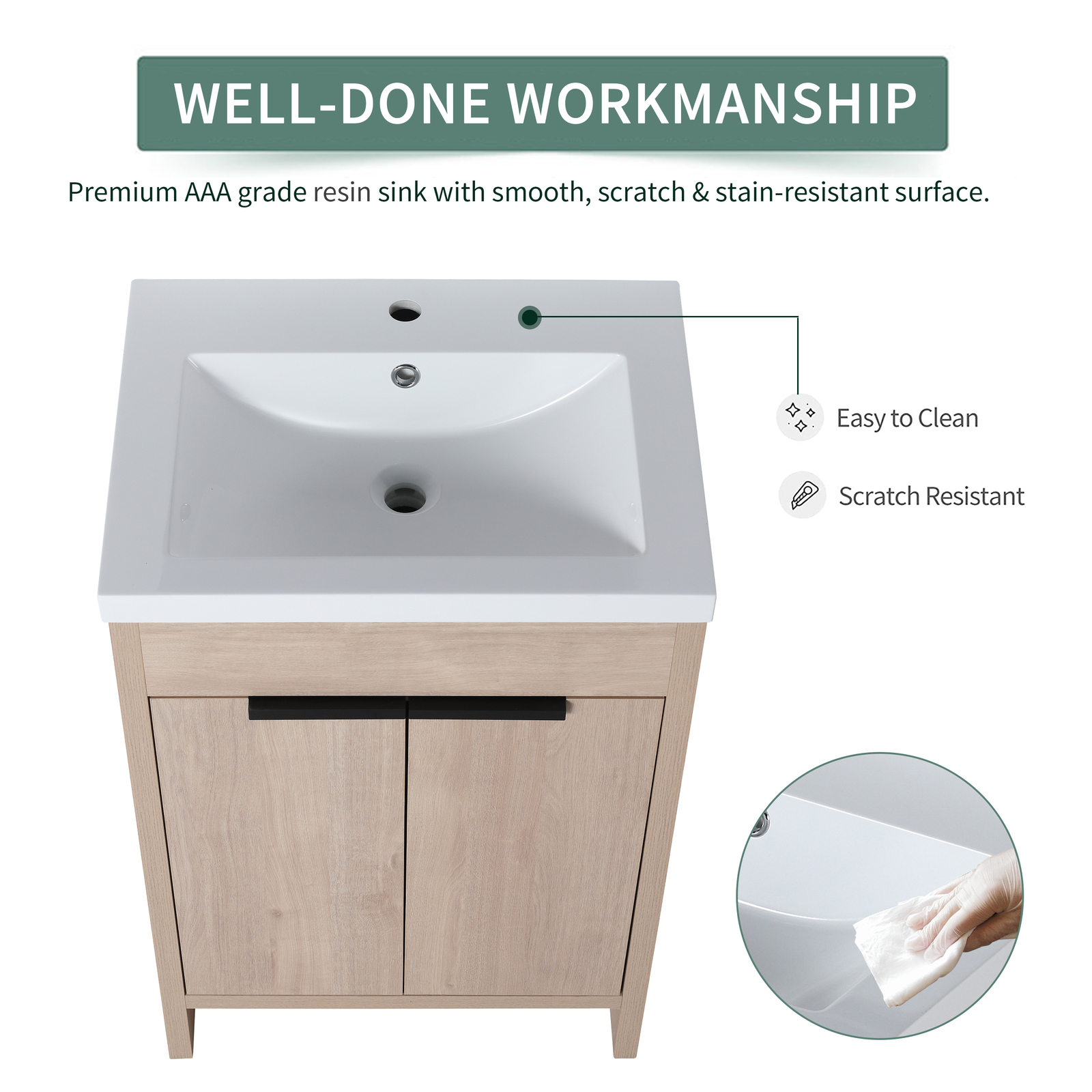 24″Free Standing Bathroom Vanity Cabinet W/Sink for Small Space Wooden Light Oak