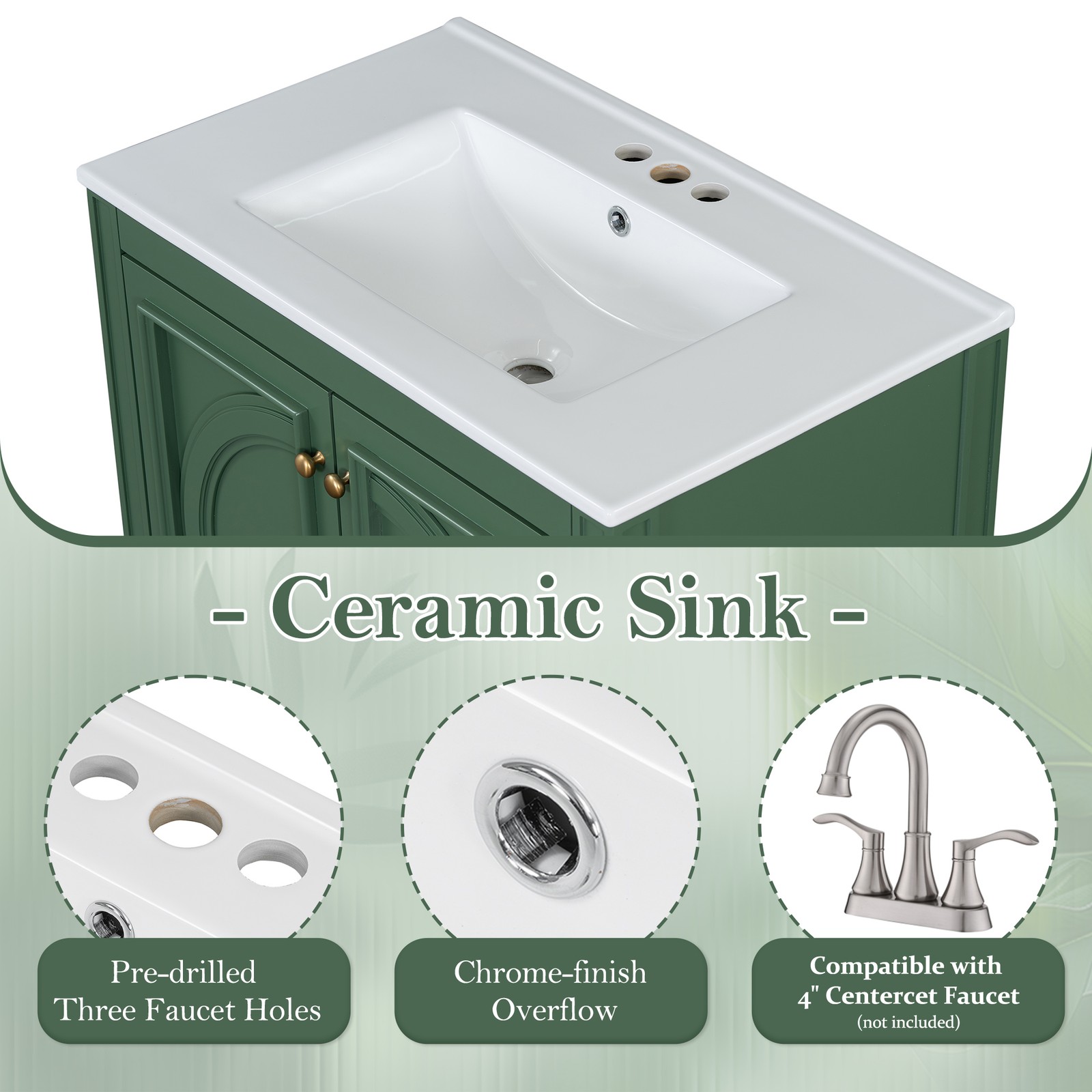 30″ Bathroom Vanity with Ceramic Sink, Two Doors & Drawer, Green