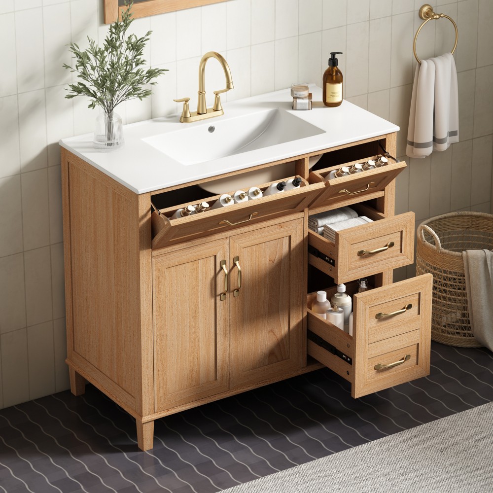 36″ Bathroom Vanity with Ceramic Sink, Modern Natural Wood Grain Vanity