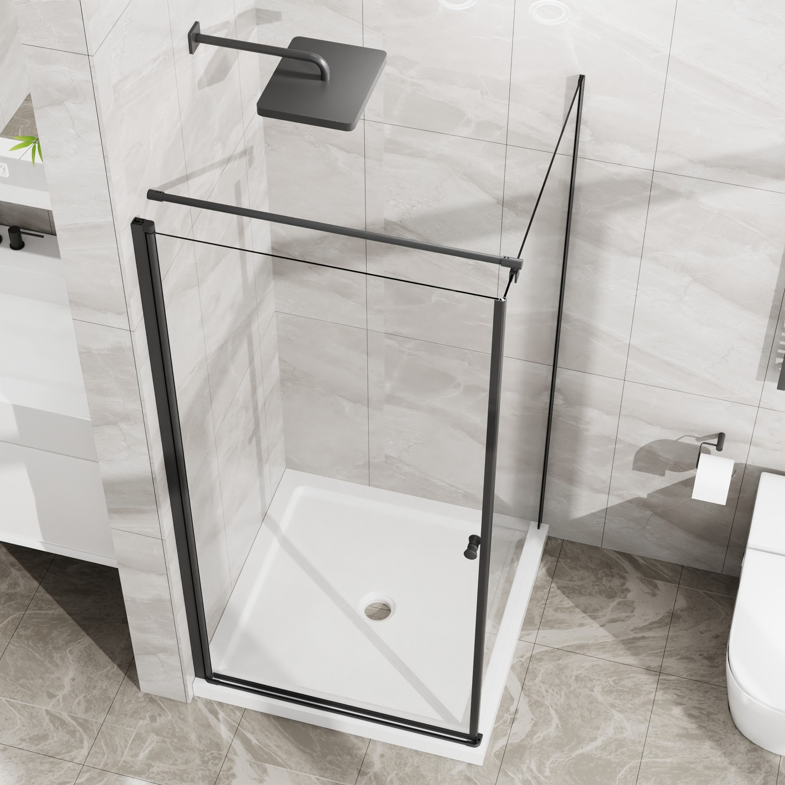 36×36 Frameless Corner Shower Stall W/Base Pivot Door Tempered Glass Matte Black