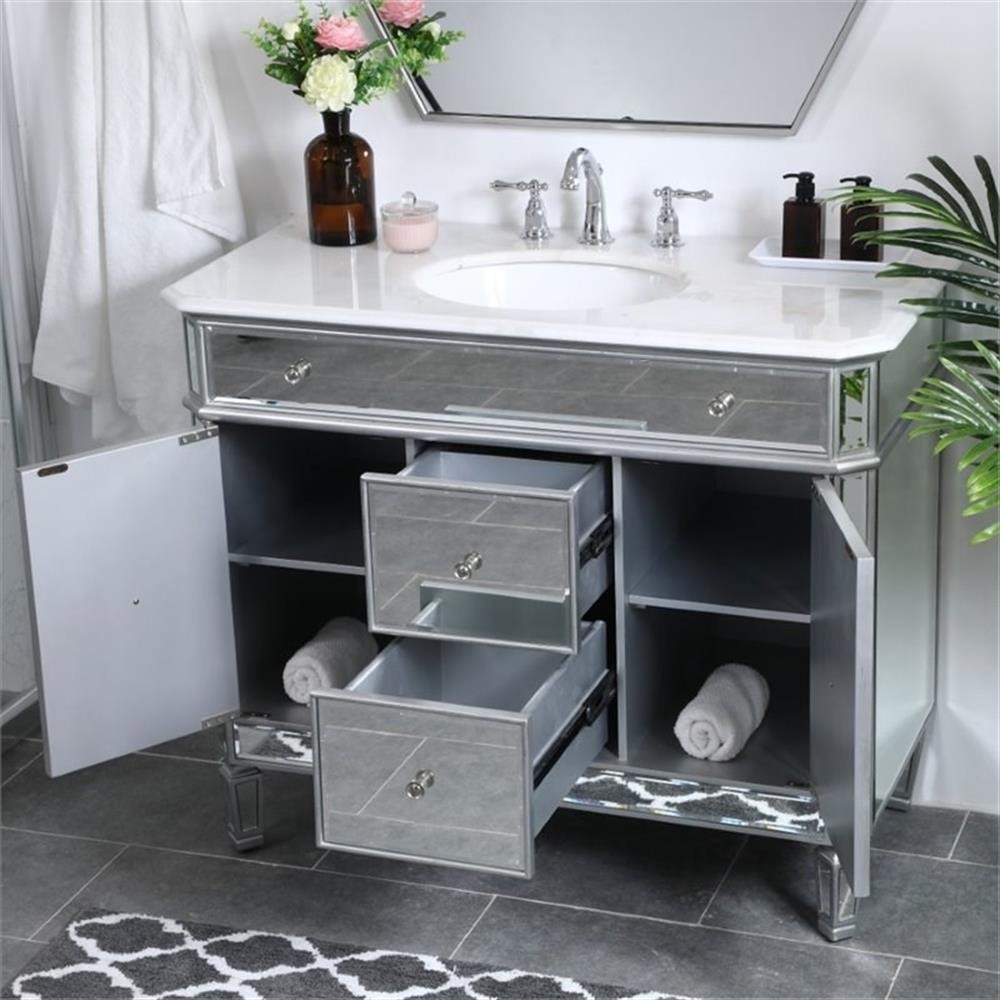 Elegant Decor Camille 42″ Single Marble Top Mirrored Bathroom Vanity in Silver