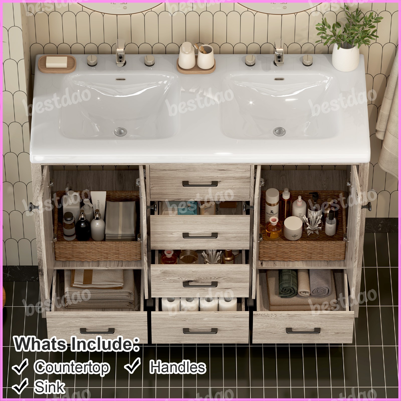 47 Inch Bathroom Vanity Double Ceramic Sinks Combo Storage Doors and Drawers