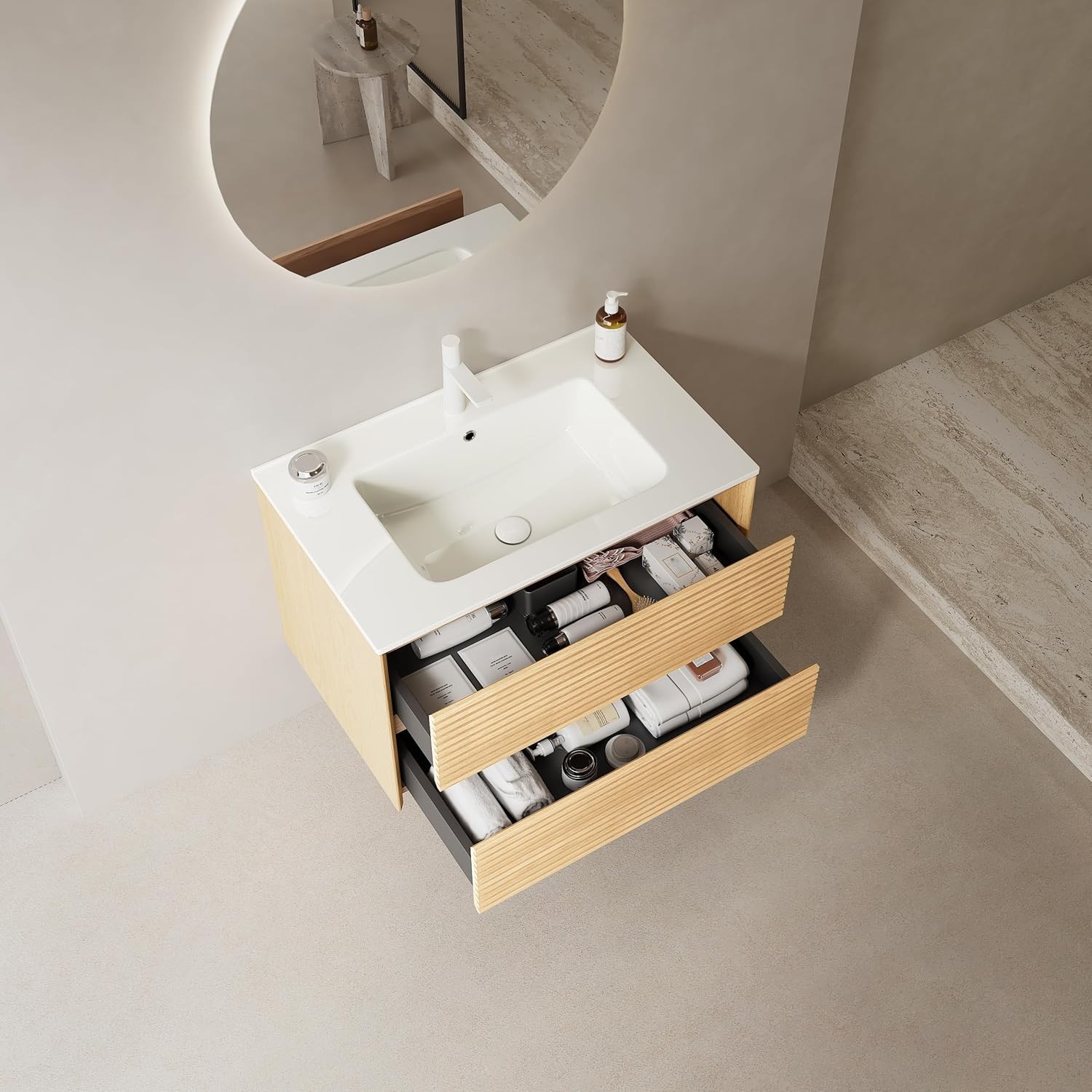 24″ 30″ 36″ Wall Mounted Bathroom Vanity w/Sink,Floating Vanity Cabinet,2 Drawer