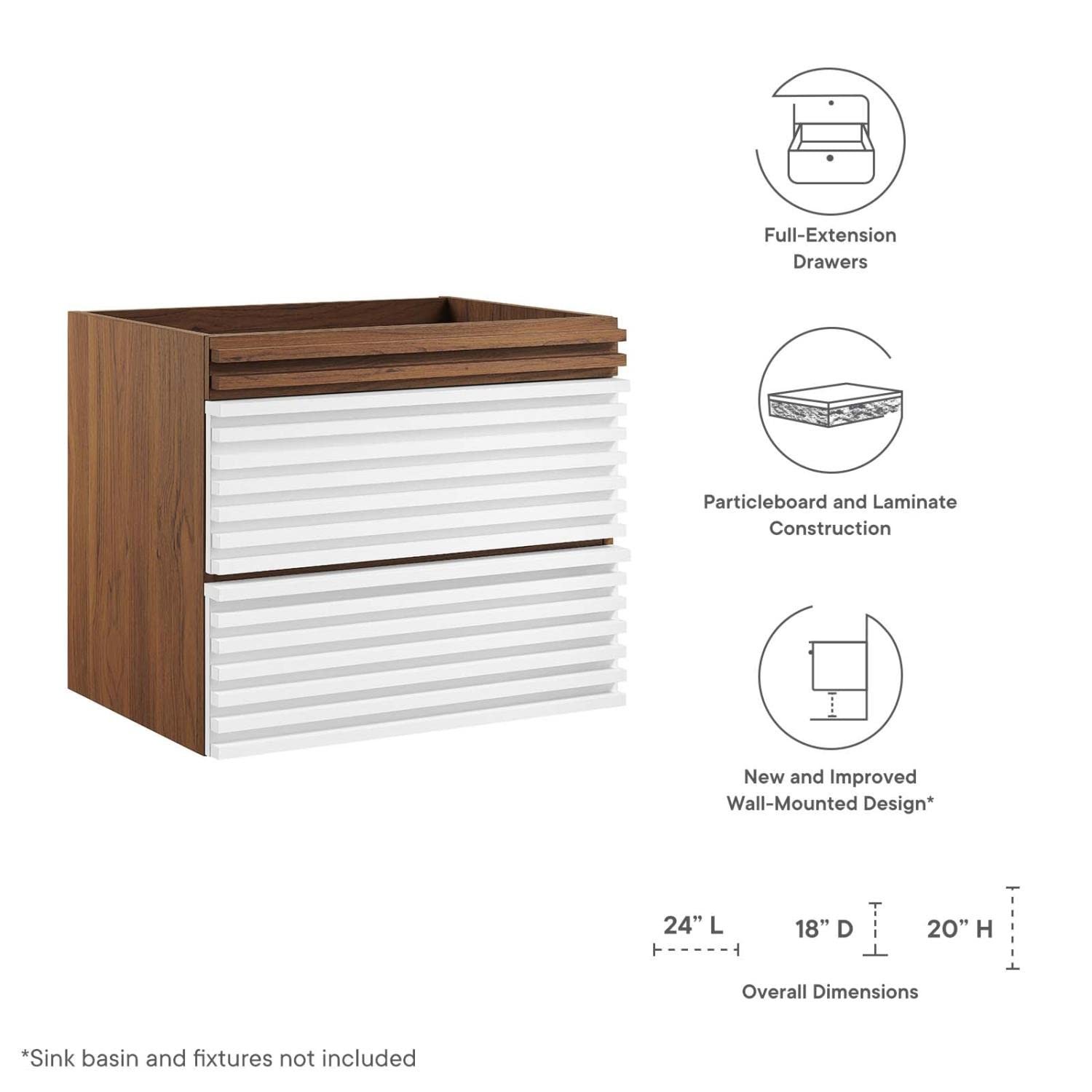 Modway Render 23.5″ MDF Wood Wall-Mount Bathroom Vanity Cabinet in White/Walnut