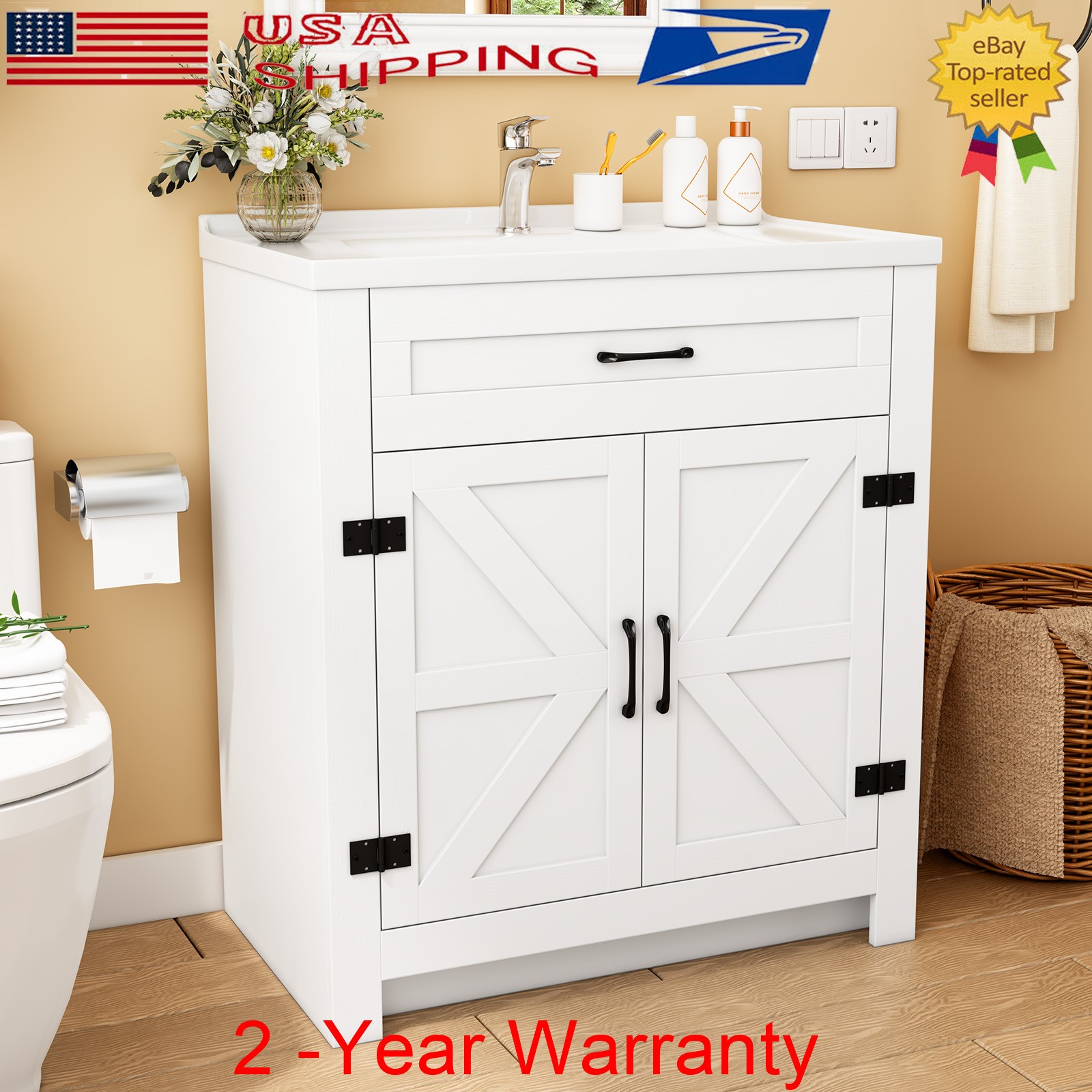 Farmhouse Bathroom Vanity with Ceramic Sink, 35.4 Inch Bathroom Vanity Cabinet