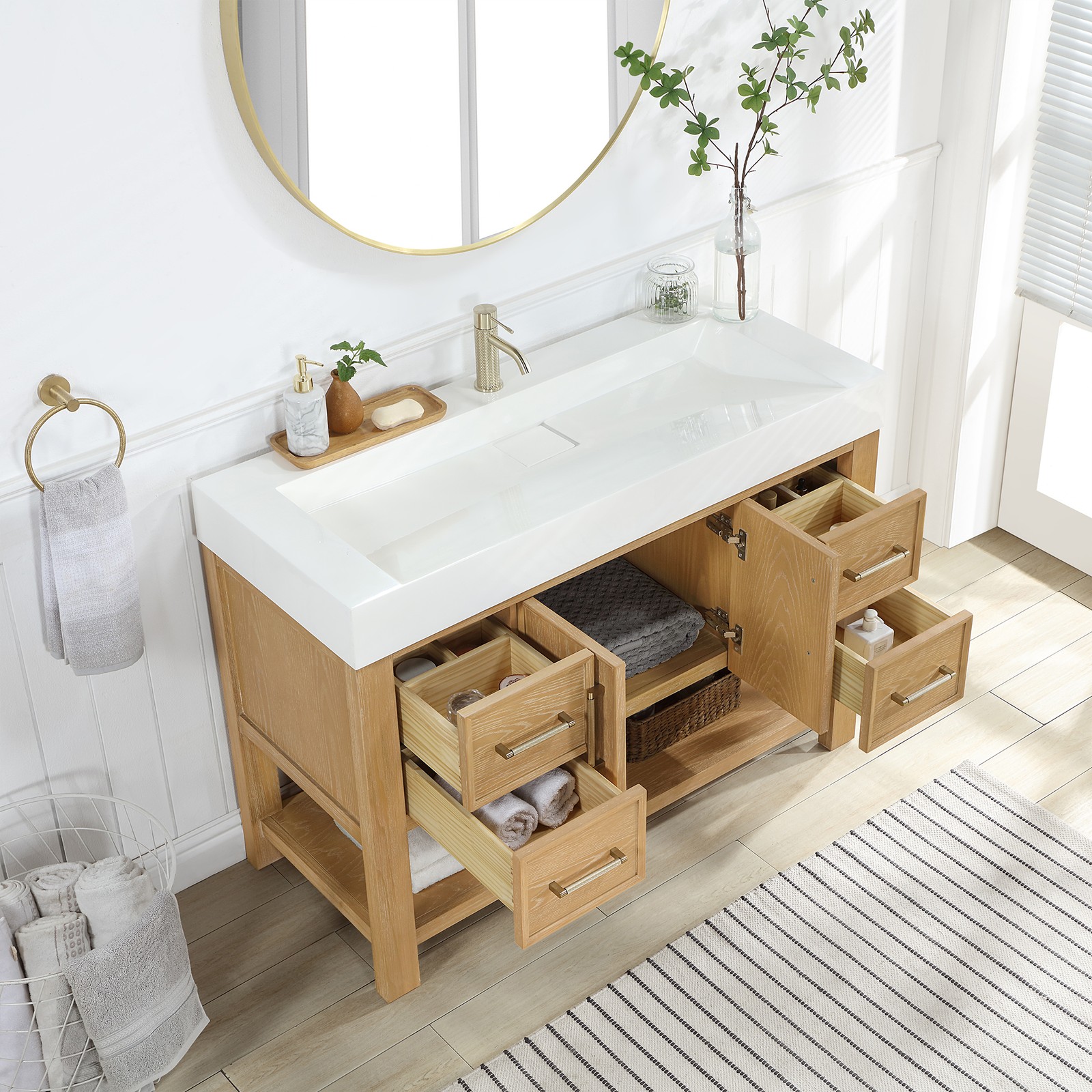 Vera 48″ Single Bath Vanity in Washed Ash Grey w/ White Integrated Sink & Mirror