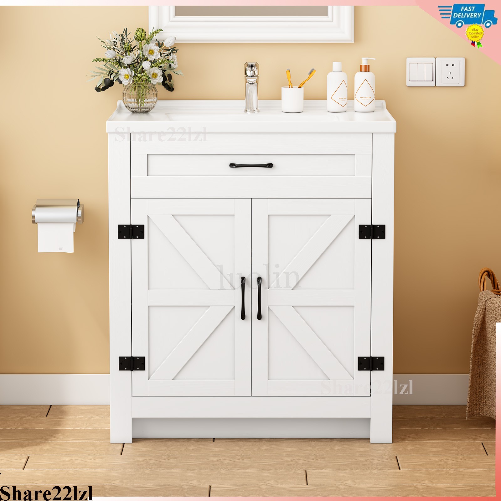 31″ Ceramic Sink Storage Bathroom Vanity with 2 Doors Bathroom Cabinet Space