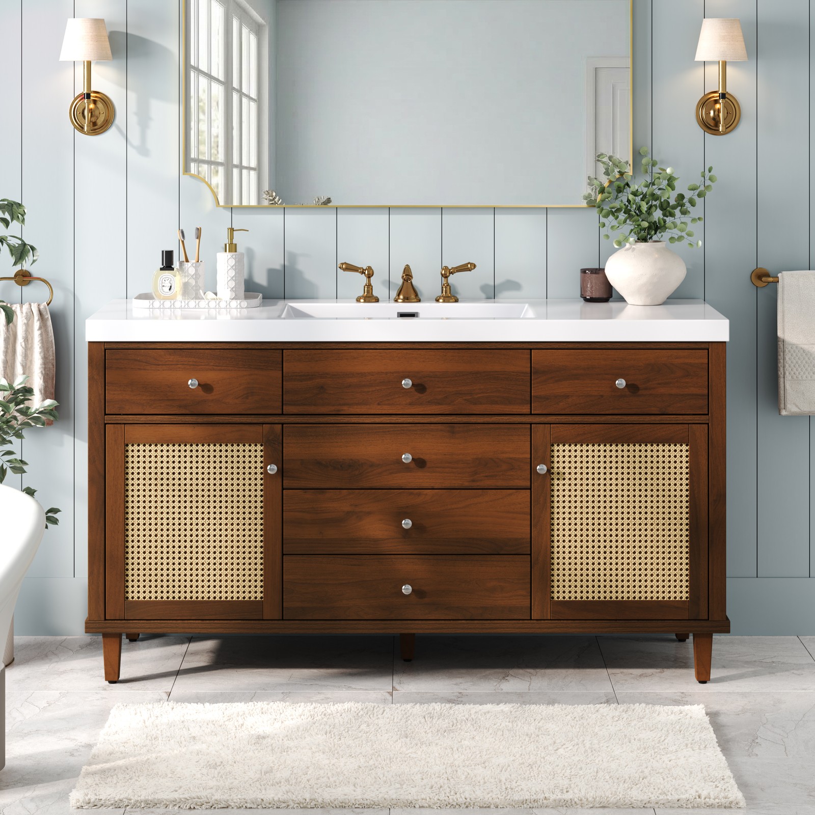 60″ Bathroom Vanity with SMC Sink, Brown, Soft Close Drawers & Rattan Doors