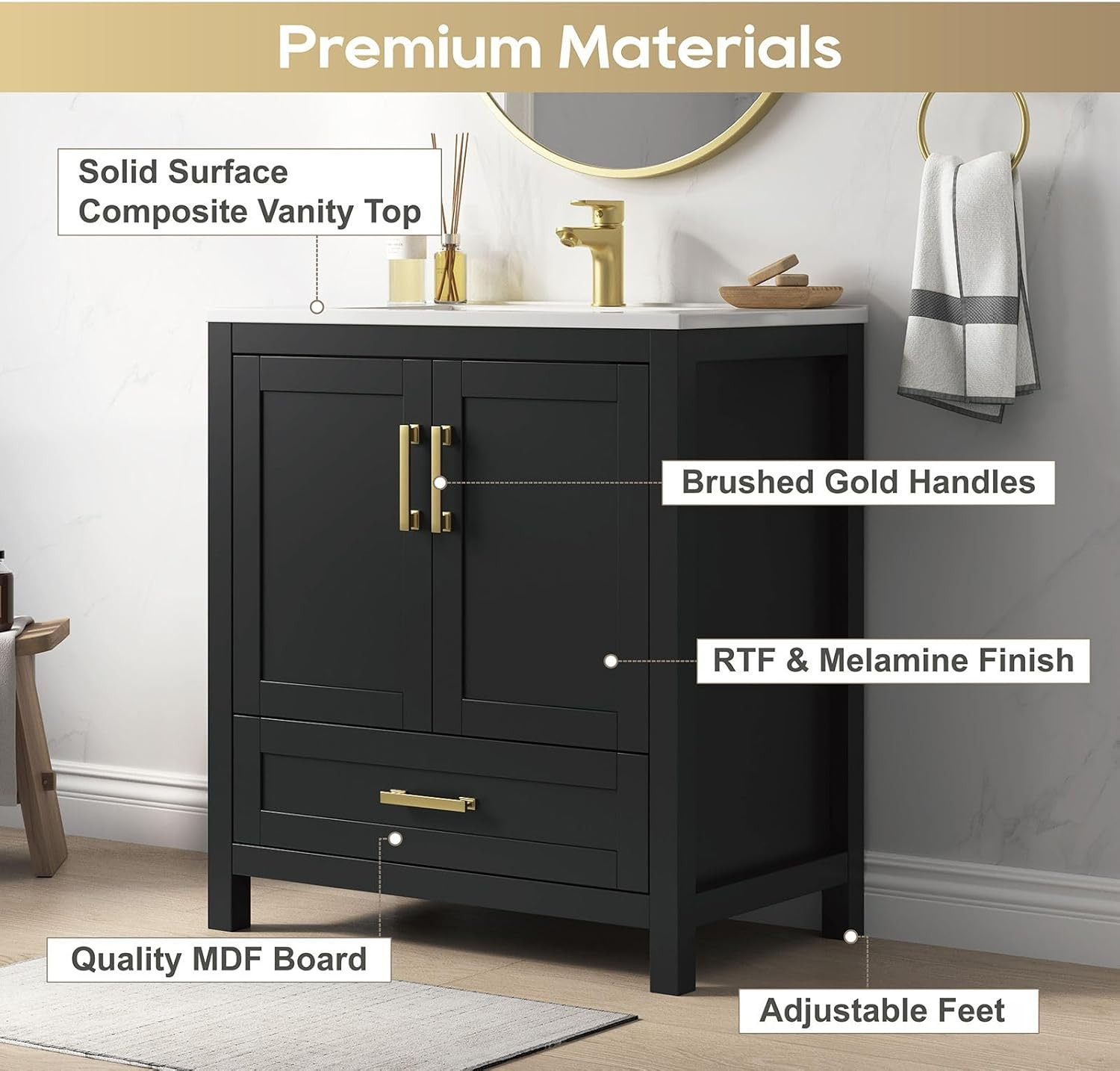 30 Inch Bathroom Vanity with Sink, Black Bathroom Vanity Sink Combo with Large D