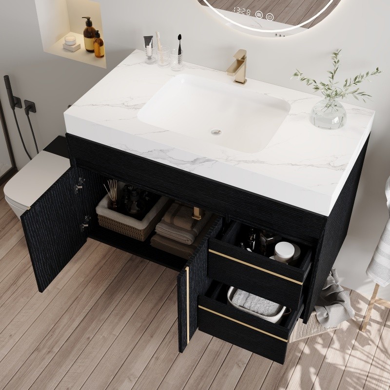 36″ Modern Floating Bathroom Vanity w/Integrated Ceramic Sink & Faux Marble Top