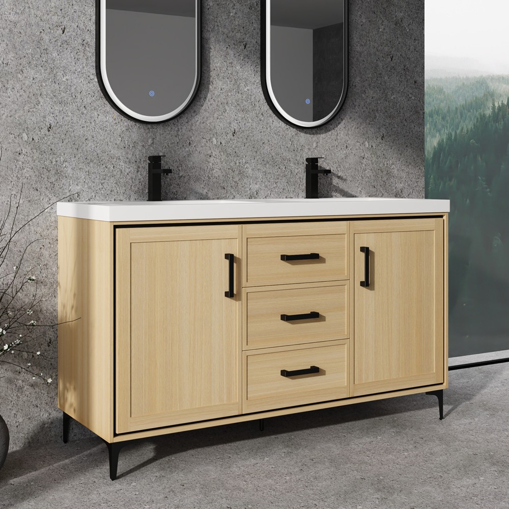 60″ Bathroom Vanity w/ Double Sink, Freestanding Vanity Doors Cabinet, 3 Drawers