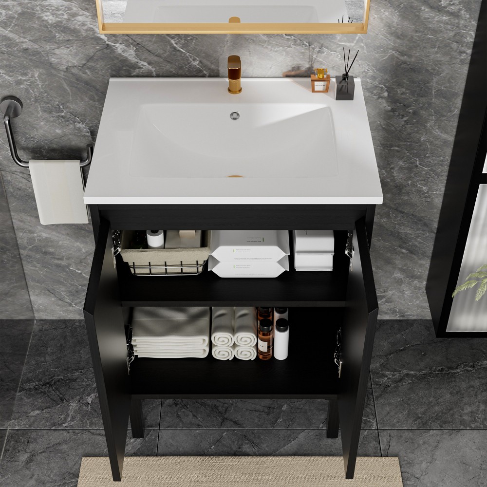 24 in Vanity for Bathroom Matt Black Floor Standing MDF Large Storage Drawers